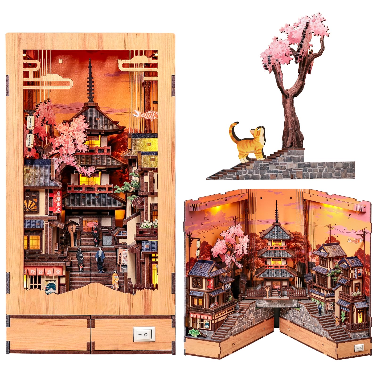 Fsolis Book Nook Kit - Miniature Japanese Dollhouse Street at Dusk, 3D Wooden Puzzle for Adults, Enchanting Home Decor & Gift