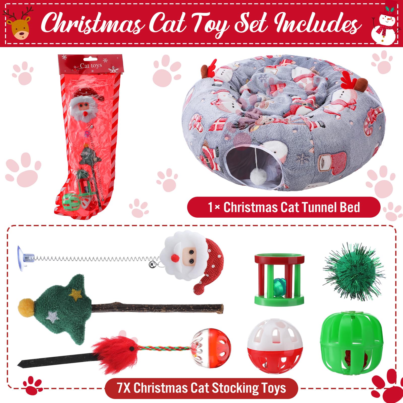 Cama tipo túnel de Navidad para gatos con 7 juguetes para gatos, cama tipo túnel de felpa cálida y esponjosa con cojín lavable y bolas colgantes, 3 pies, multifuncional para gatos pequeños, medianos y