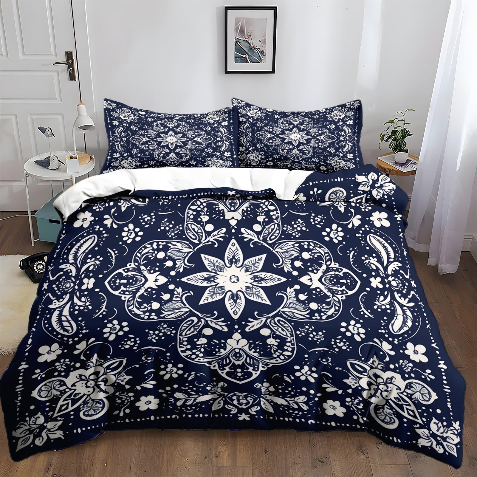 Housse de couette 220x240 pour chambre ado motif cachemire bleu nuit