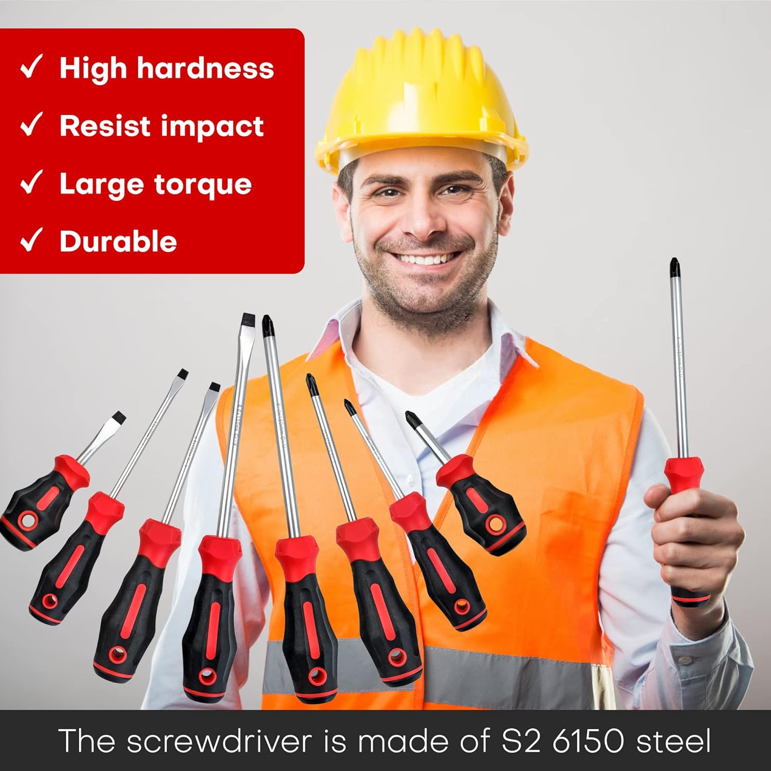 Screwdriver Set, Assorted, 8-Piece（PH #1 X 3", PH#2 X 1.5", PH #2 X 4", PH #3 X 6", 3/16" X 4", 1/4" X 1.5", 1/4" X 4", 5/16" X 6"） (YY2020060) - - 