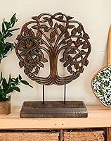 VANIYA CRAFTS Handmade Wooden Tree Carved Sculpture - Engraved Walnut Table Decor Statue for Living Room, Office, Bedroom (10" Dia x 14.5" H)
