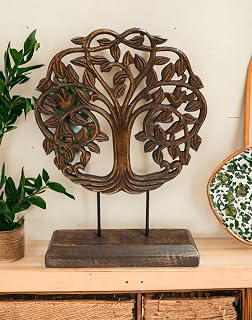 VANIYA CRAFTS Handmade Wooden Tree Carved Sculpture - Engraved Walnut Table Decor Statue for Living Room, Office, Bedroom (10" Dia x 14.5" H)