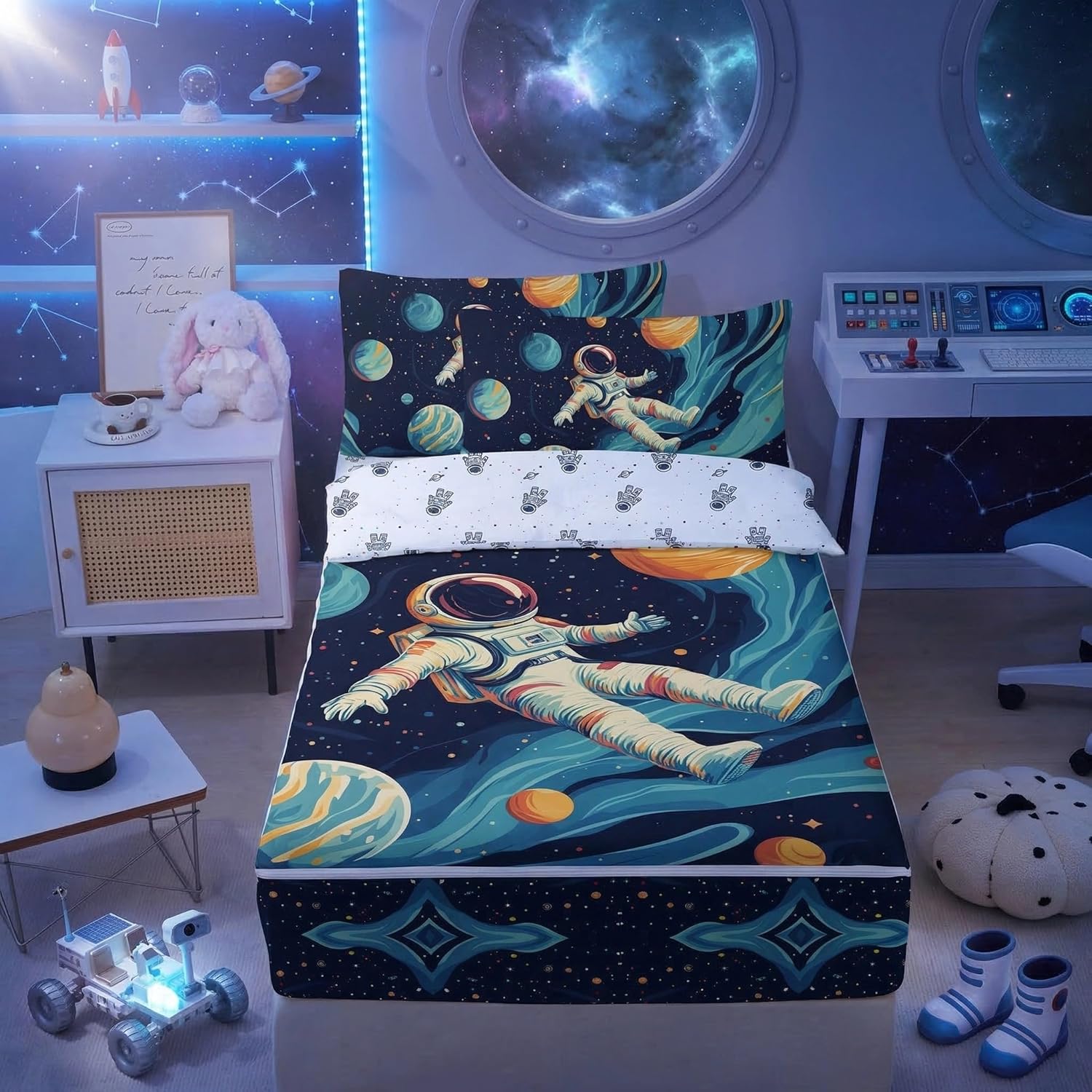 Space Astronaut Printed Zipper Bedding Sets Twin for Kids Girls Lightweight Microfiber Cute Astronaut Comforter Set with Fitted Sheet Pillow Covers,Blue Color,All Season Use