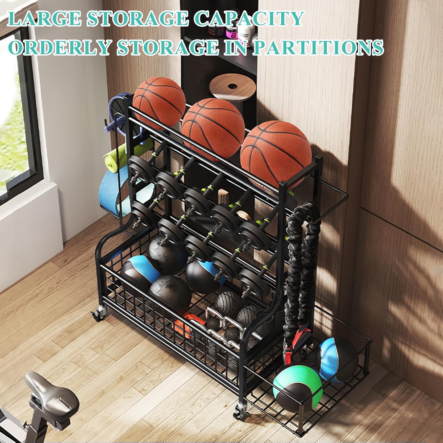 Dumbbell Rack, Weight Rack for Kettlebells, Storage Holder for Yoga and Workout Equipment, Home Gym Storage Rack with Wheels,Hooks and Mesh Top