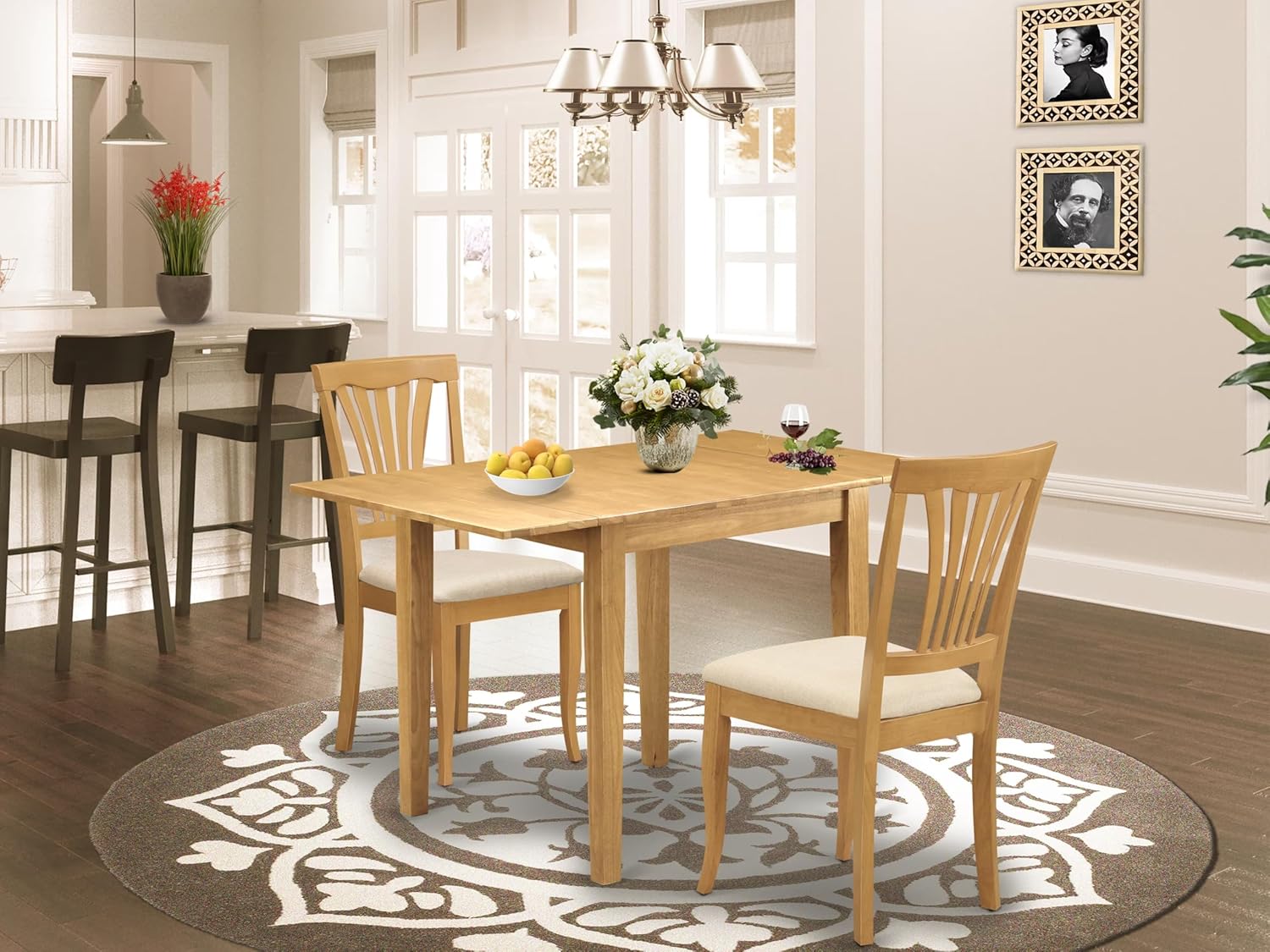 East West Furniture NDAV3-OAK-C 3 Piece Dining Room Table Set Contains a Rectangle Kitchen Table with Dropleaf and 2 Linen Fabric Upholstered Dining Chairs, 30x48 Inch, Oak image 2 of 10 B084ZQW5G5
