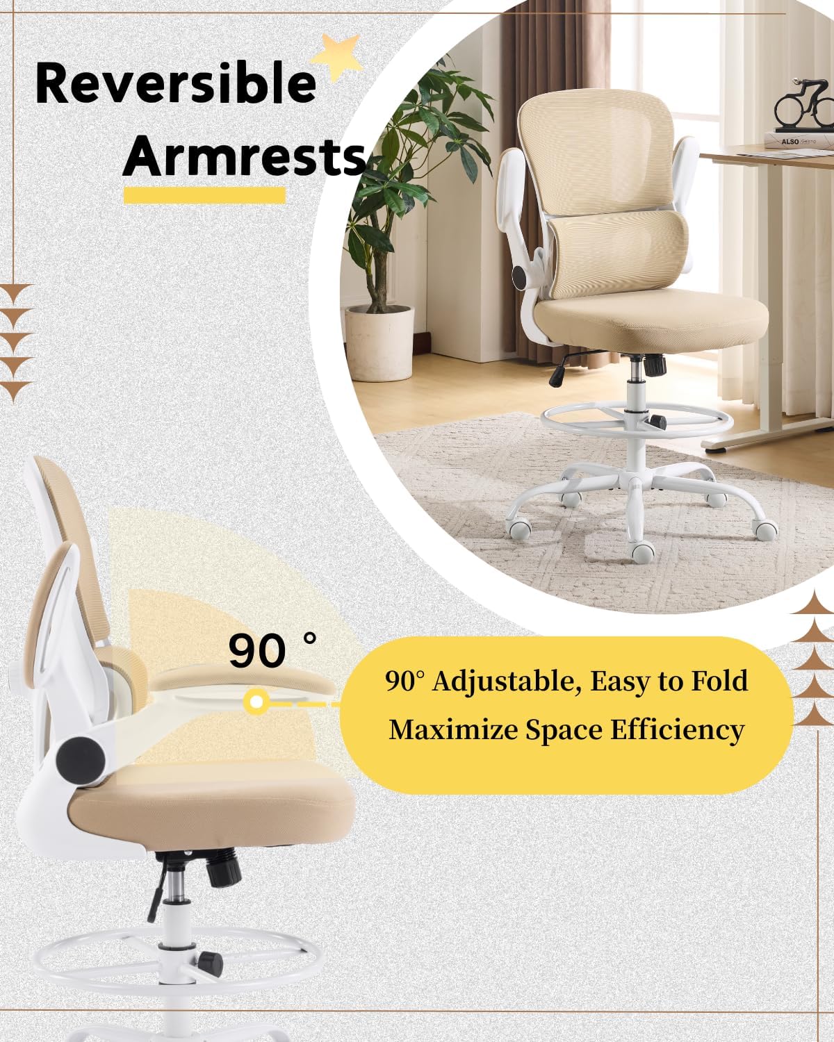 Ergonomic Mesh Drafting Chair,Tall Office Chair with Adjustable Footrest & Flip-Up Armrests， 360° Swivel Standing Desk Chair for Standing Desk，Home Office,Bar(Khaki)
