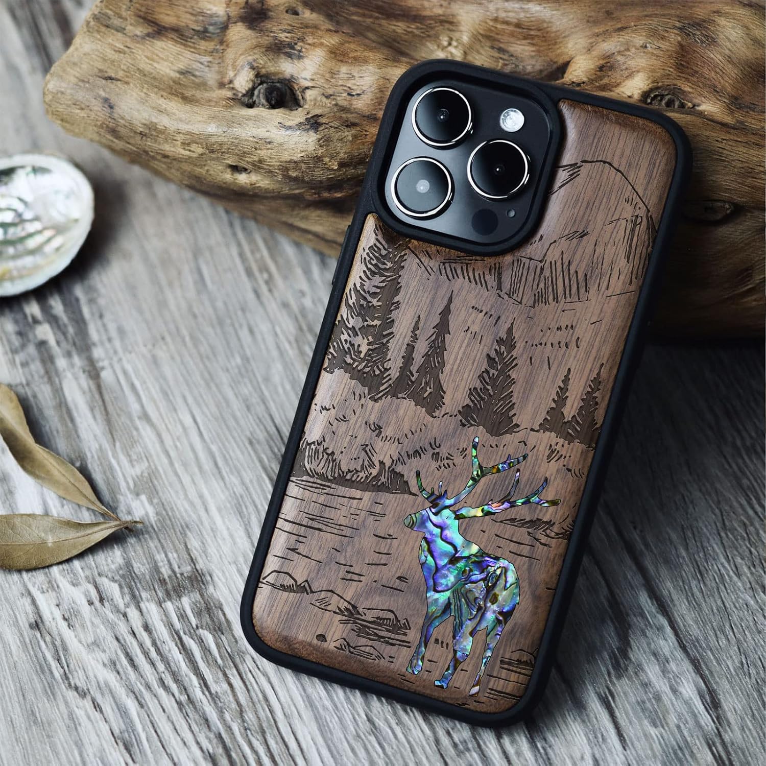 Carveit Designer Wooden Protective Magnetic Case for iPhone 14 Pro Case [Wood Engraving & Shell Inlay] Compatible with 14 Pro MagSafe (Forest Deer-Walnut)