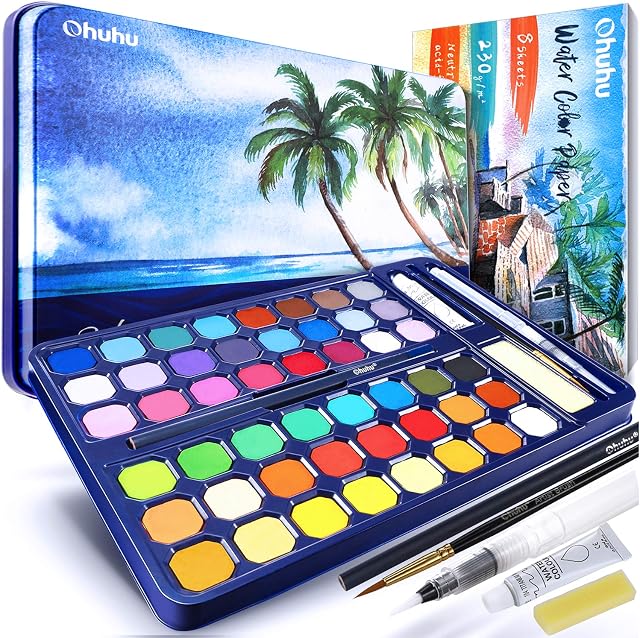 Ohuhu Watercolour Paint Set Art Supplies 48 Colours Water Colour Paints with Water Brush Pen Pencil Watercolour Paper - Portable Pigment Gouache Paint Travel Kit for Artists Kids Adults Painting