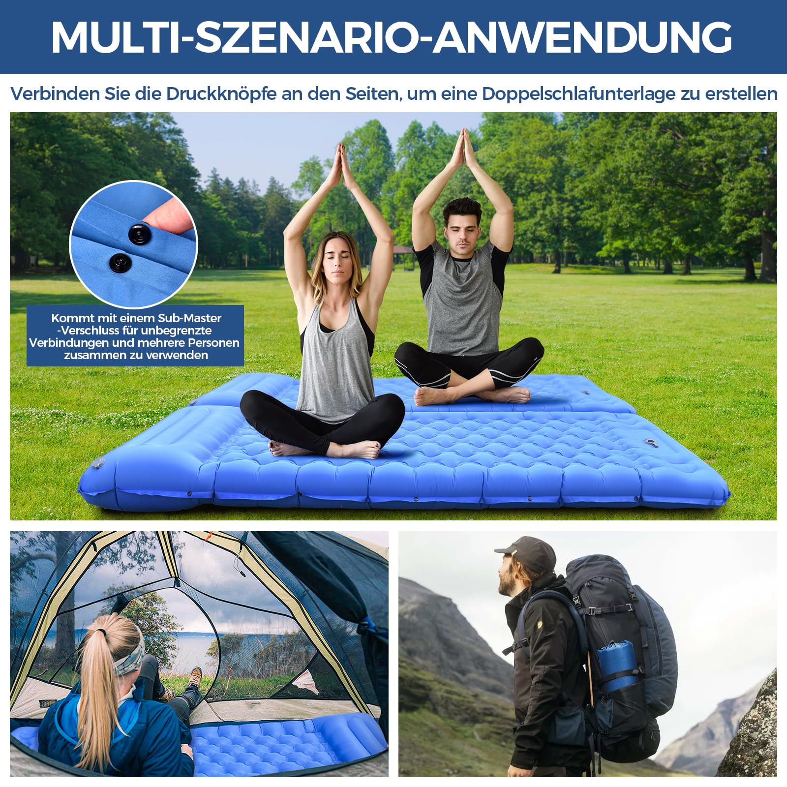 NAPASA Isomatte Camping, 14CM Verdicktes Aufblasbare Matratze mit Eingebauter Fußpresse Pumpe & Kissen, Wasserdicht, Anti-Ripstop Schlafmatte für Wandern, Strand, Reisen, Zelt(Blau)