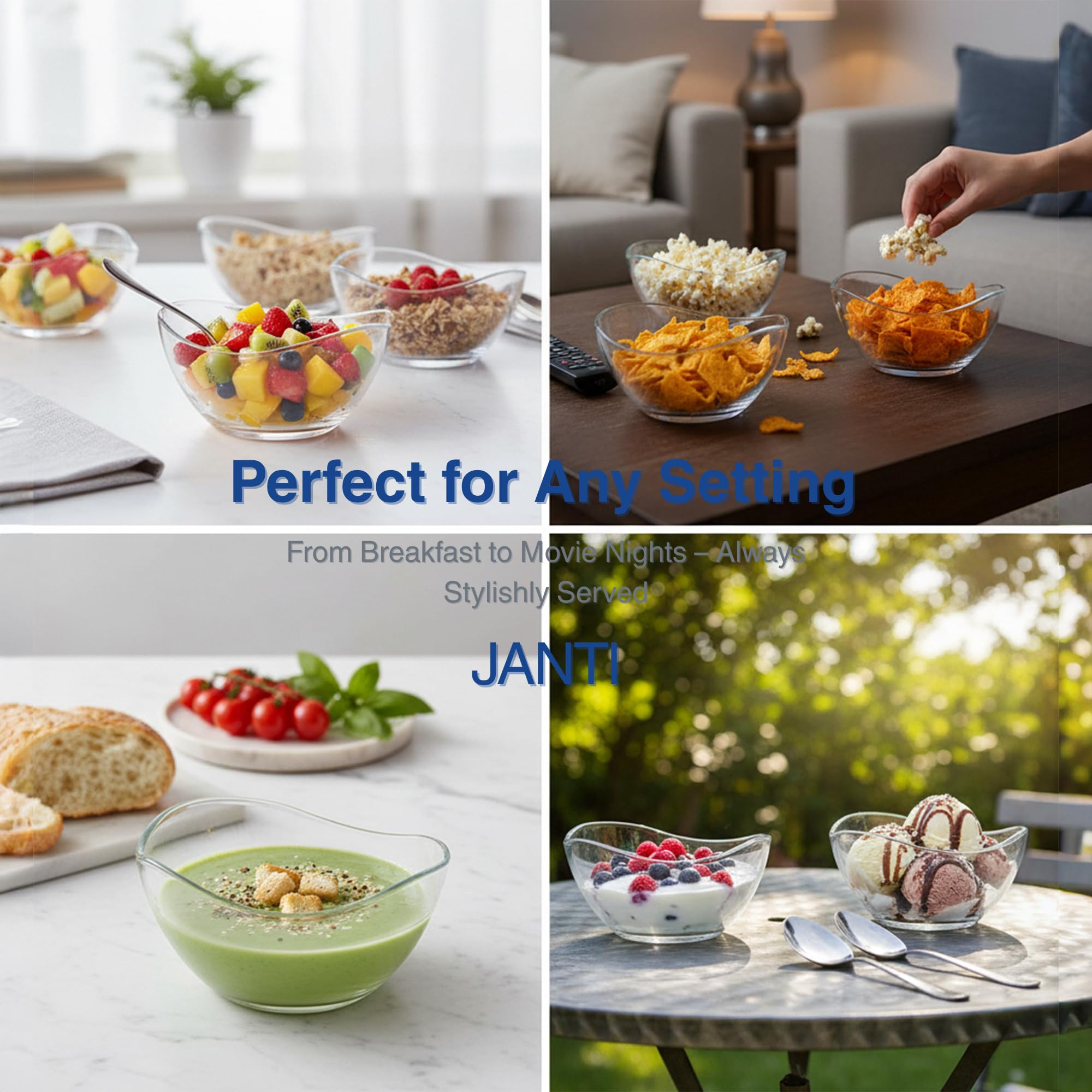 JANTI Set di 6 Ciotole in Vetro da 310ml - Insalatiera Vetro, Ciotole Vetro Dessert, Ciotole Aperitivo, Coppette Gelato Eleganti e Versatili - Design Moderno Ciotola Vetro - Ciotole Antigraffio