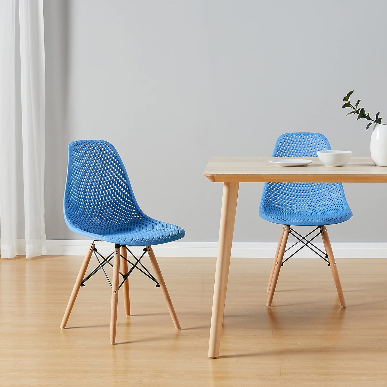 CangLong Dining Mid Century Modern Hollow Back Design Plastic Shell Armless Side Chair with Beech Wood Legs, Set of 2, Blue 1