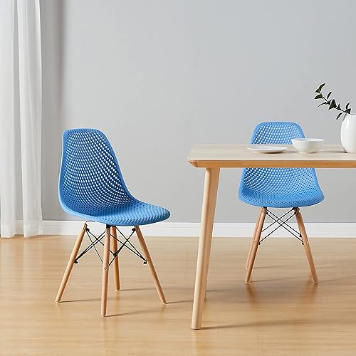 Miniatura 8 de CangLong Dining Mid Century - Silla lateral sin brazos de plástico con respaldo hueco moderno con patas de madera de haya, juego de 2, color azul 1