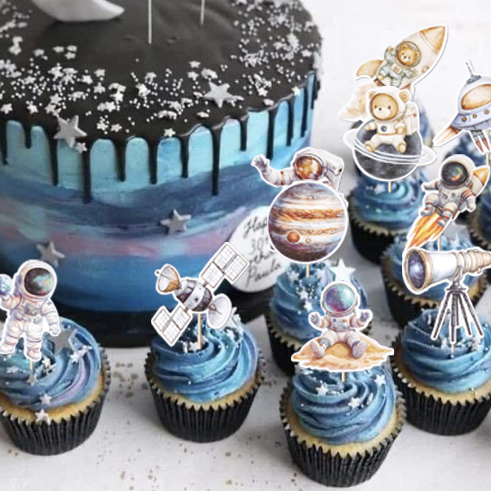 24-Piece Space Theme Cupcake Toppers – Astronaut, Rocket, Planet Picks – First Trip To The Moon Party Decor For Birthday, Baby Shower
