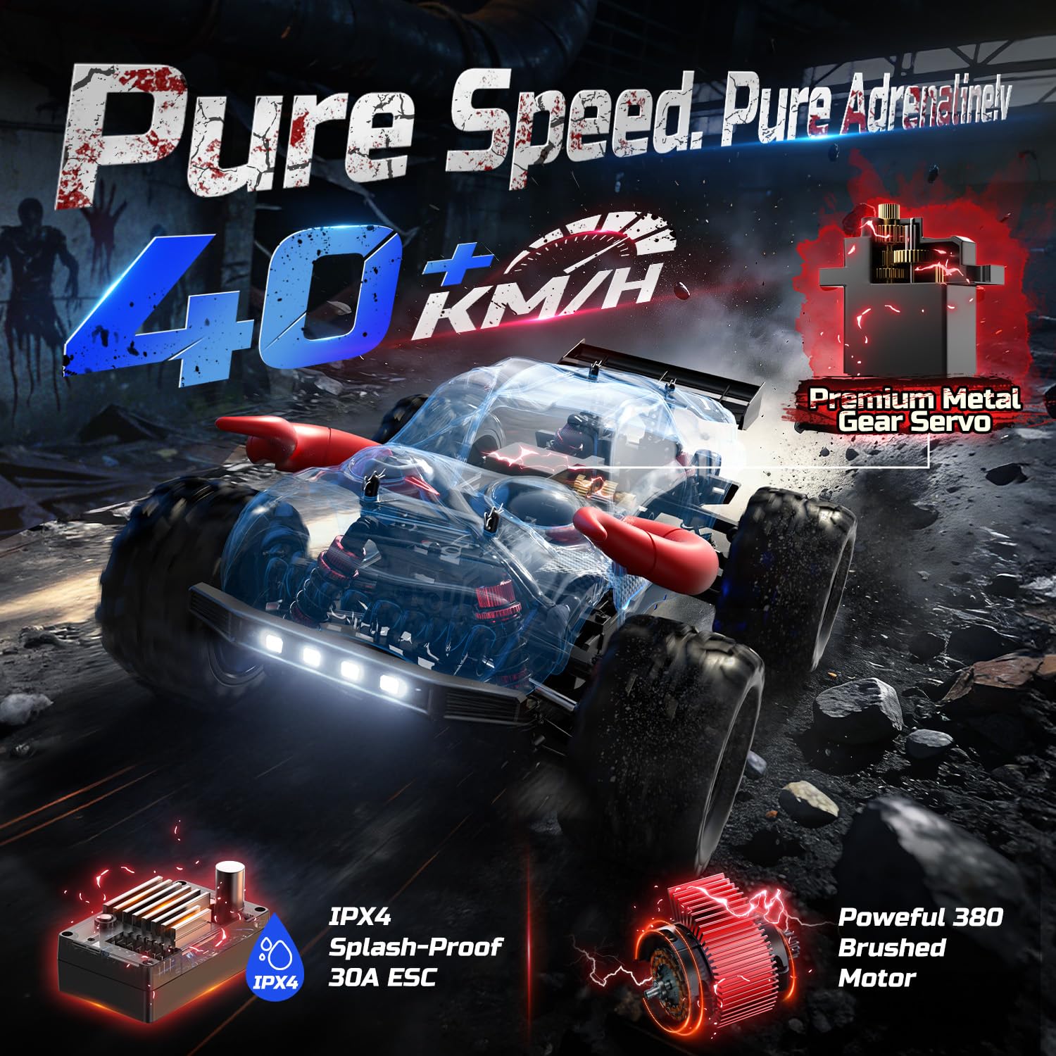 DEERC 9311E 1/18 All Terrain Fast RC Cars for Adults 40KPH,4WD Electric Off-Road Remote Control Monster Truck,2.4Ghz High Speed Car,Waterproof Monster Truck with 2 Batteries for Boys & Kids - 4