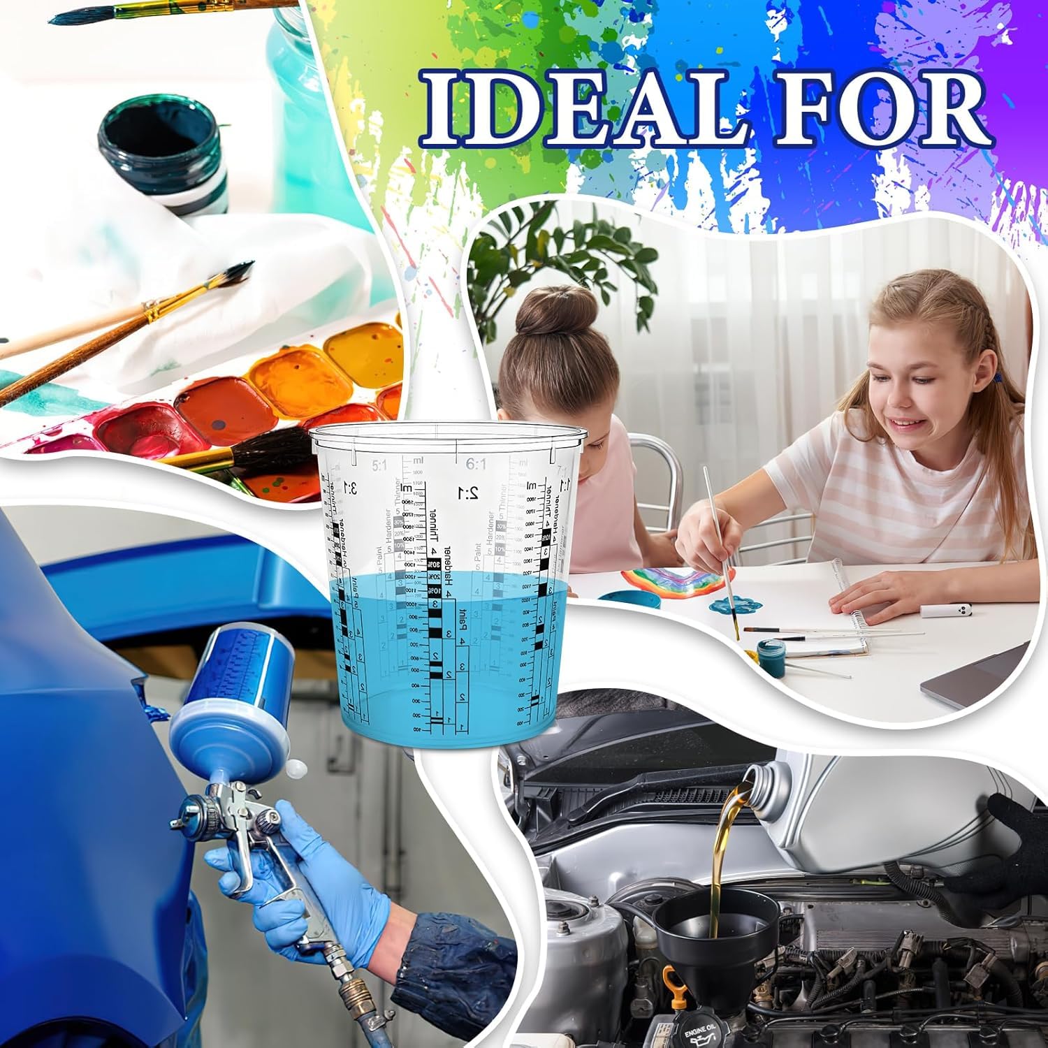 Lot de 24 gobelets mélangeurs de peinture - 2250 ml - Transparent - Avec agitateurs - Grand verre doseur jetable avec échelle pour peinture de voiture, résine, résine époxy et liquides