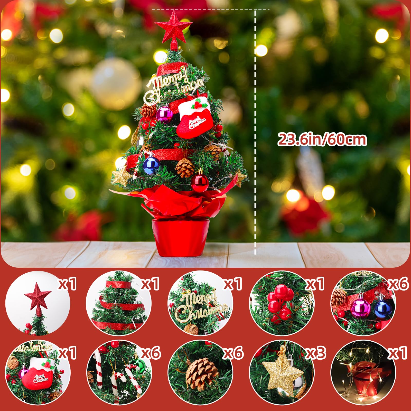 60 Cm Mini-Weihnachtsbaum Künstlich Mit Ornamenten & LED-Lichterkette | Tischdeko Für Zuhause, Büro, Esstisch | DIY Weihnachtsdekoration
