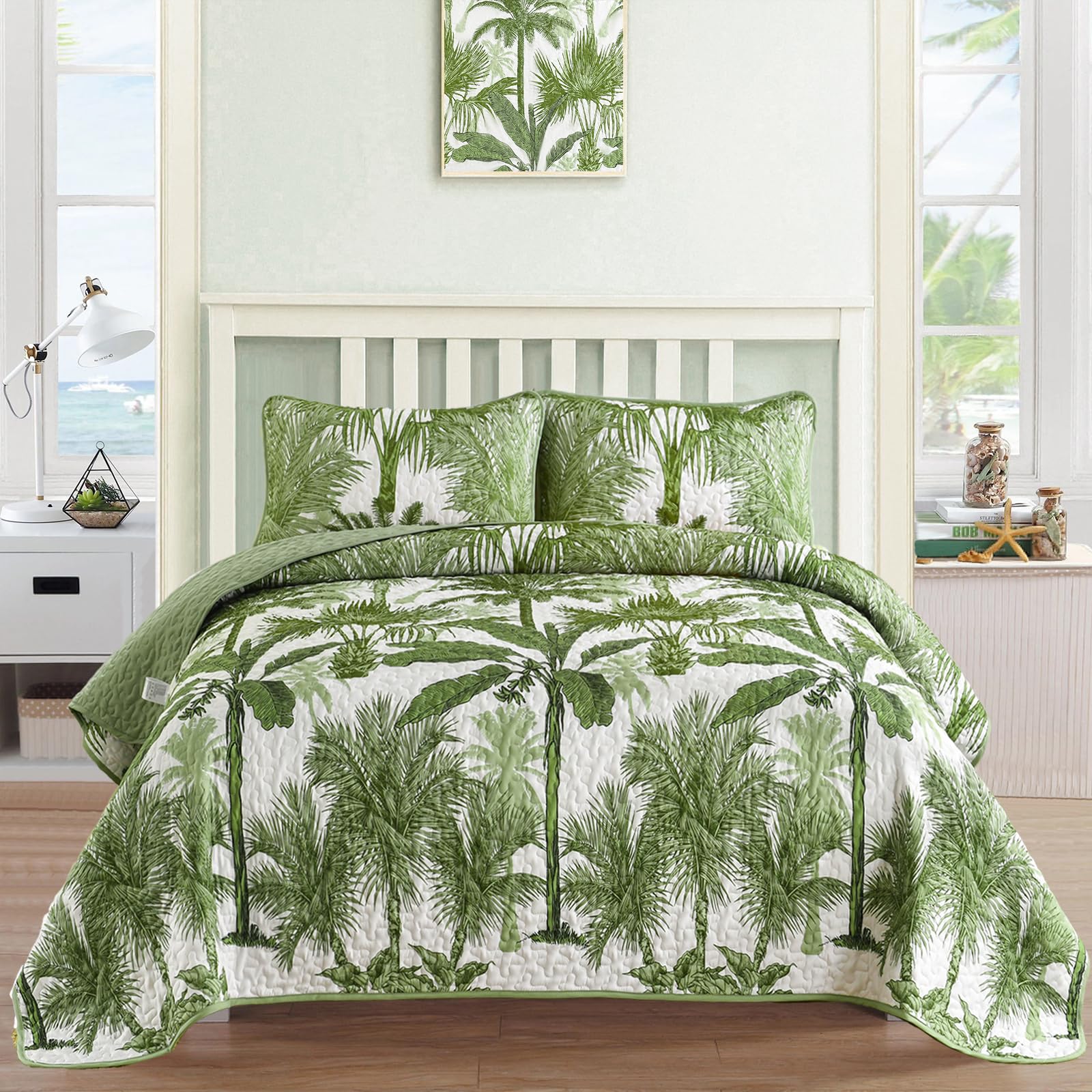 Tropical Lightweight Quilt Set for Kids Teens,Ocean Beach Bedspread Coverlet,Green Palm Tree Bed Cover Seaside Bedding Set Decorative Quilted 並行輸入 : C\u0026F Home Martinique Embroidered Tropical Palm Tree