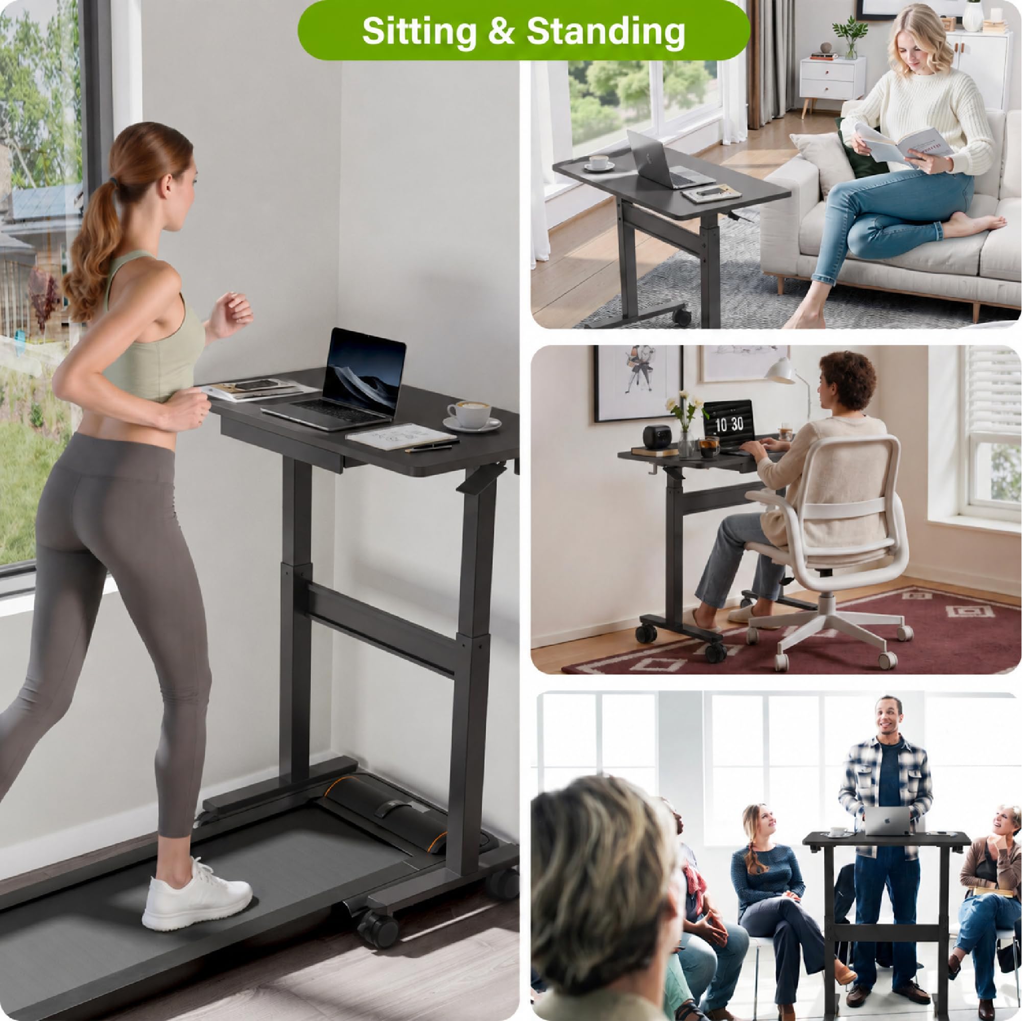 Escritorio Regulable en Altura Neumático con Ruedas, Mesa de Trabajo Ergonómica para Oficina en Casa, Soporte para Computadora Portátil, Móvil y Estable, Negro