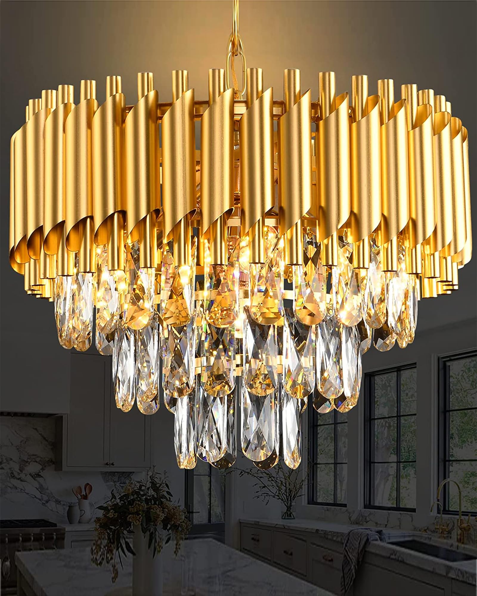Homesake® 15" 5-Light Modern Crystal Chandelier Light Fixtures 3-Tier Gold Luxury Chandeliers for Dining Room Round Hang