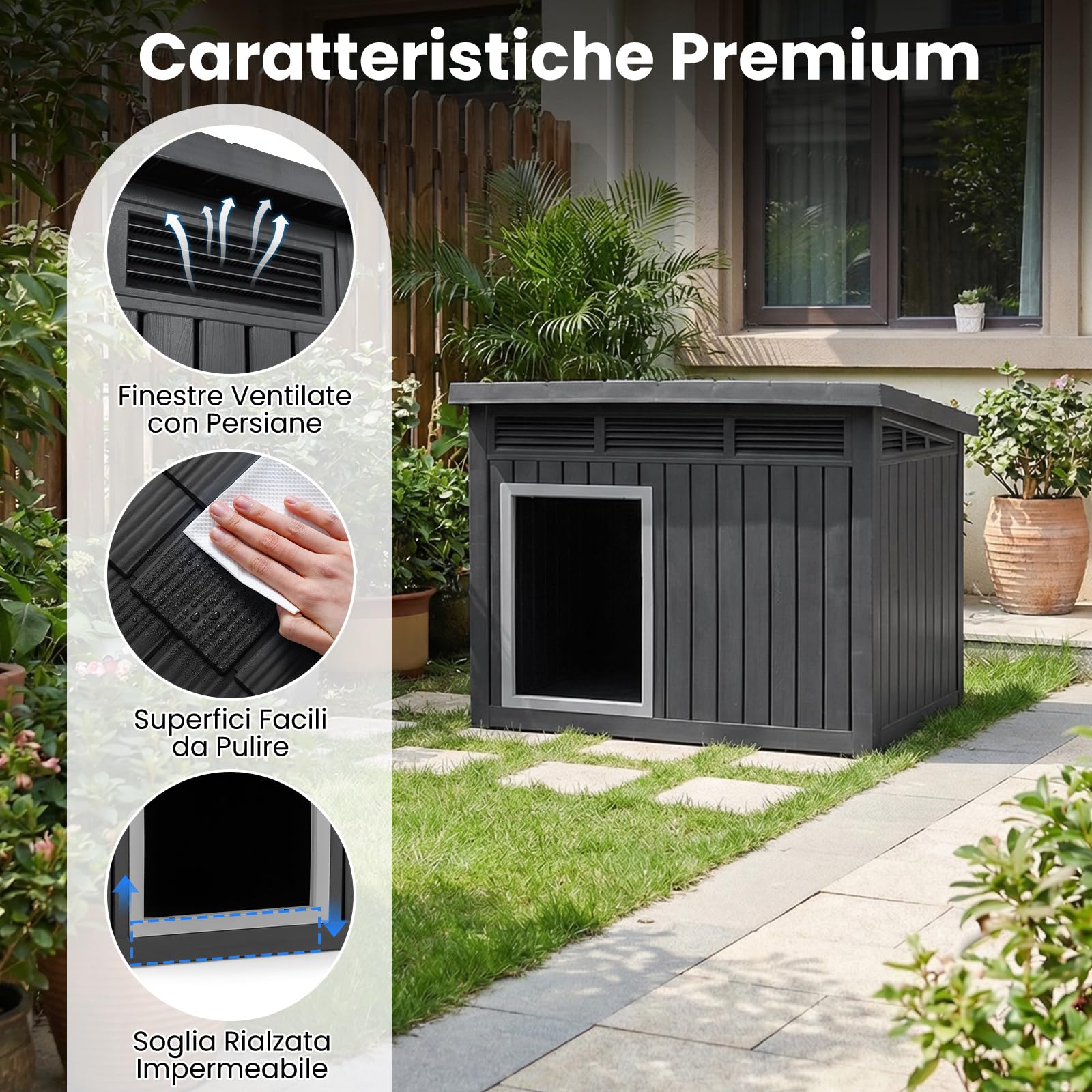 COSTWAY Cuccia per Cani da Interno e Esterno con Tetto Inclinato Apribile | Cassetta per Animali Domestici in PP con Finestre Ventilate a Lamelle e Soglia Rialzata, 81 x 64 x 61 cm