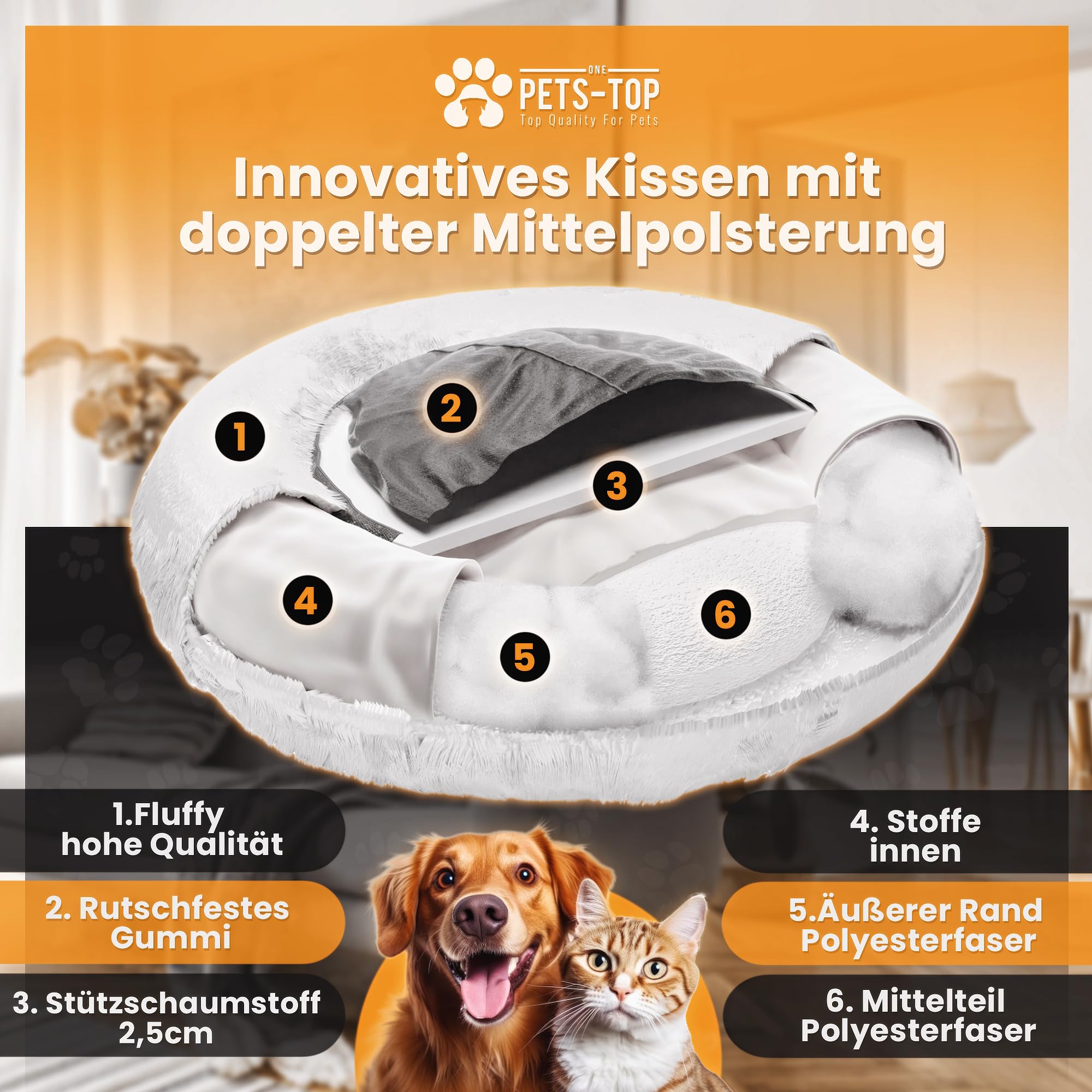 One PETS-TOP® Hundekörbchen Waschbar Fluffy – Donut Hundebett Flauschig mit Abnehmbarem Bezug – Hundebett Rund für Kleine & Große Hunde – Hundekissen Waschbar Anti-Stress – 115cm Durchmesser Perlgrau