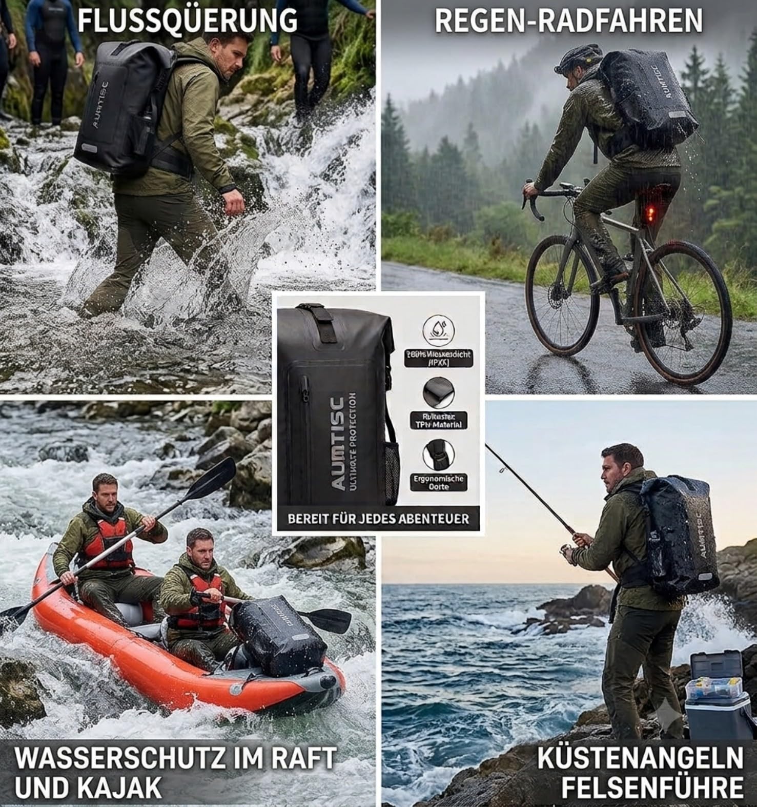 AUMTISC Wodoszczelny plecak 35 l, zwijany top, z wkładką komputerową, do pływania kajakiem, wędkarstwa, silnika