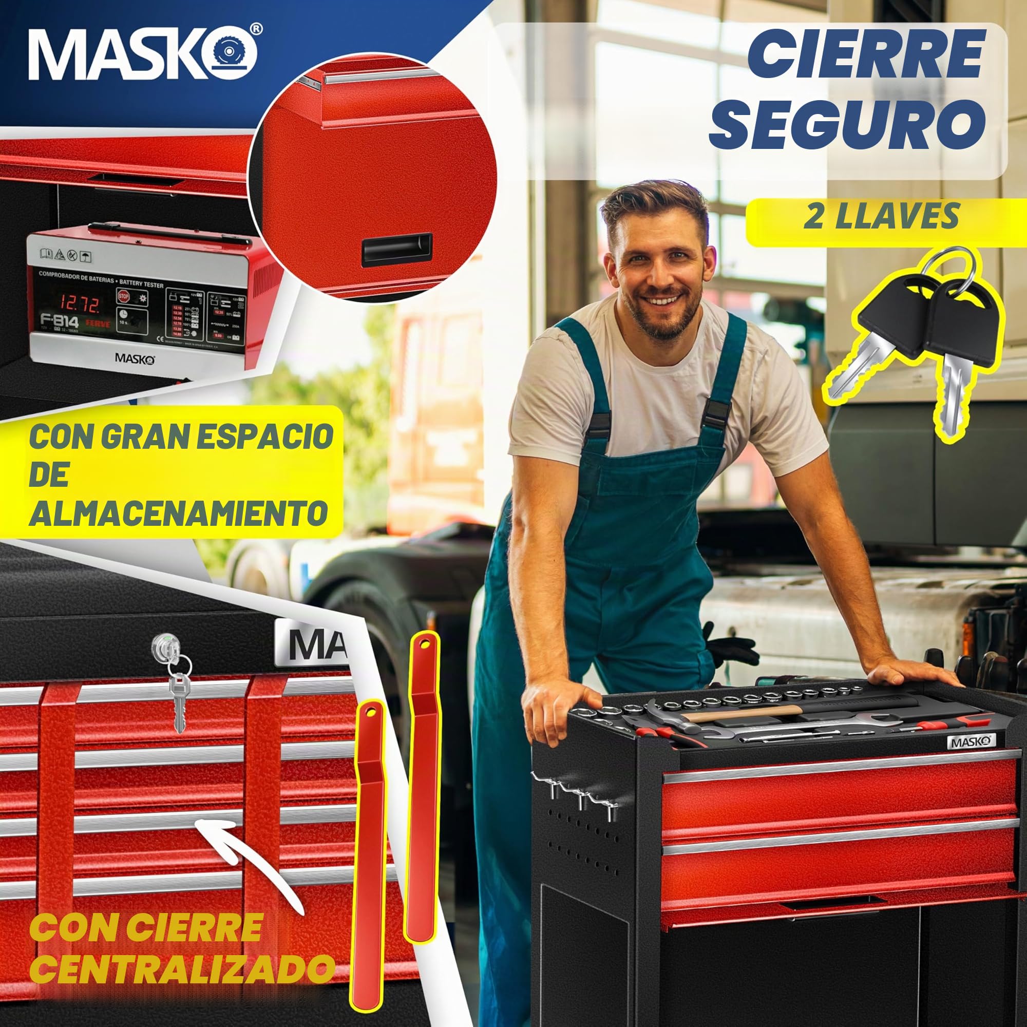 MASKO® Carro de taller con maletín incluido, 9 compartimentos con cerradura metal macizo, sin herramientas, para guardar herramientas, rojo