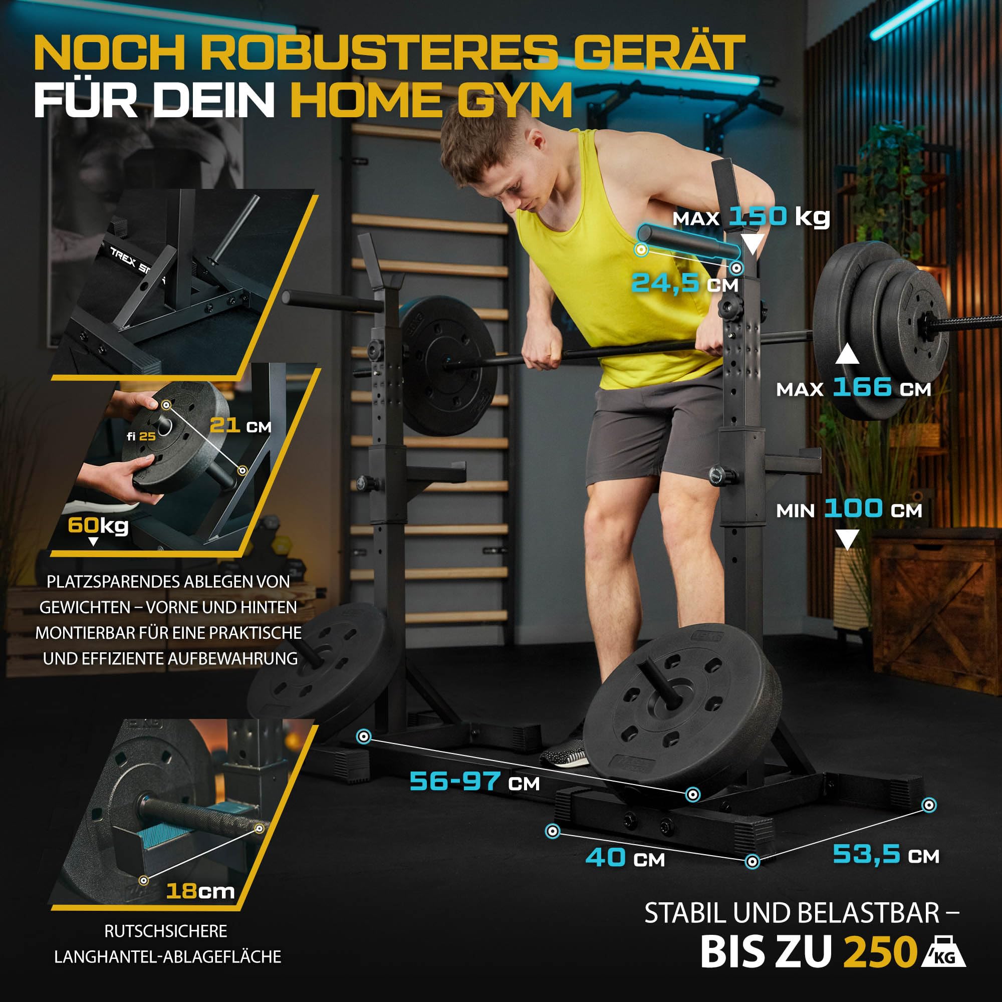 TREX SPORT Langhantelständer Squat Rack Dip-Griffen bis 250 kg TX-100S | Hantelablage höhenverstellbar mit Sicherheitsablage, Hantelscheibenaufnahmen aus Metall