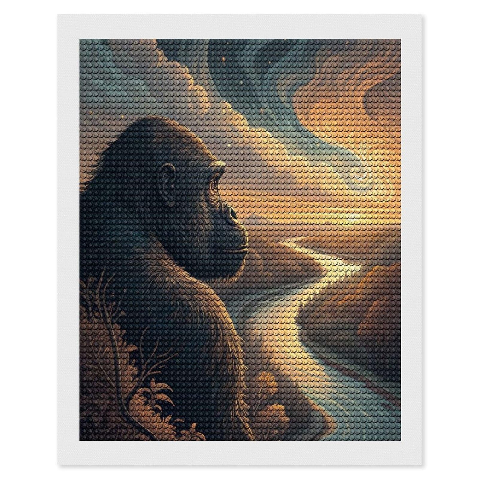 Junmoney Gorilla Overlooking A River at Sunset Diamond Art Kit 16"x20", Bedroom Decor, Adhesive Canvas, Full Kit Included, Thoughtful Present, Birthday Gift