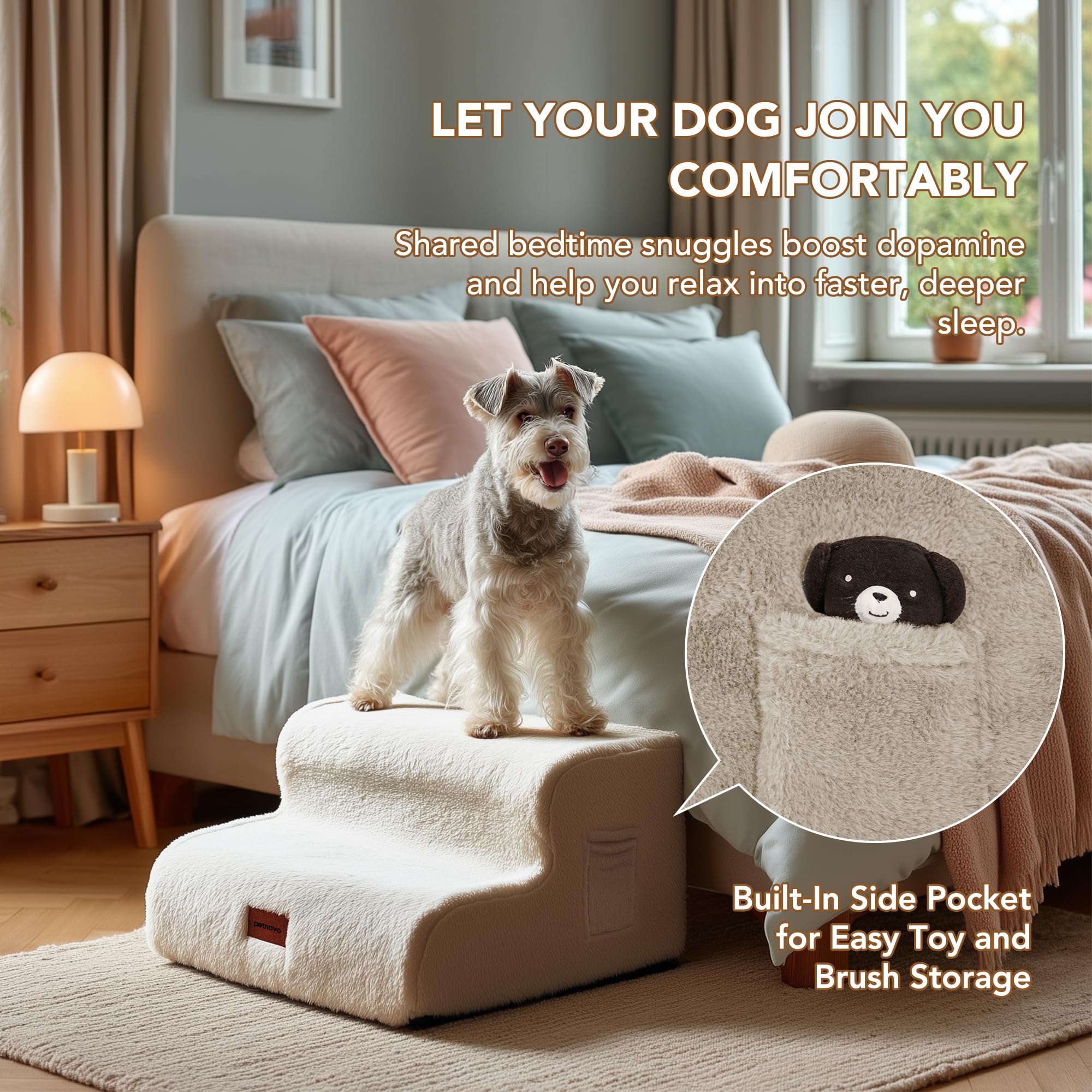 PETNOVO Escalera para Perros de 3 Peldaños para Sofá y Cama, Escalones para Perros Pequeños y Mayores con Felpa Ultrasuave, Base Antideslizante y Funda Lavable, Certificación Oeko-Tex, Beige Crema