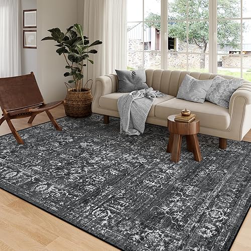 Lahome Area Rugs 9x12 Living Room Soft Large Rugs for Living Room,Black Rugs for Bedroom Dining Room Rug,Boho Distressed Non Slip Low Pile Carpet for Indoor Home Office(9'x12', Black/Grey)