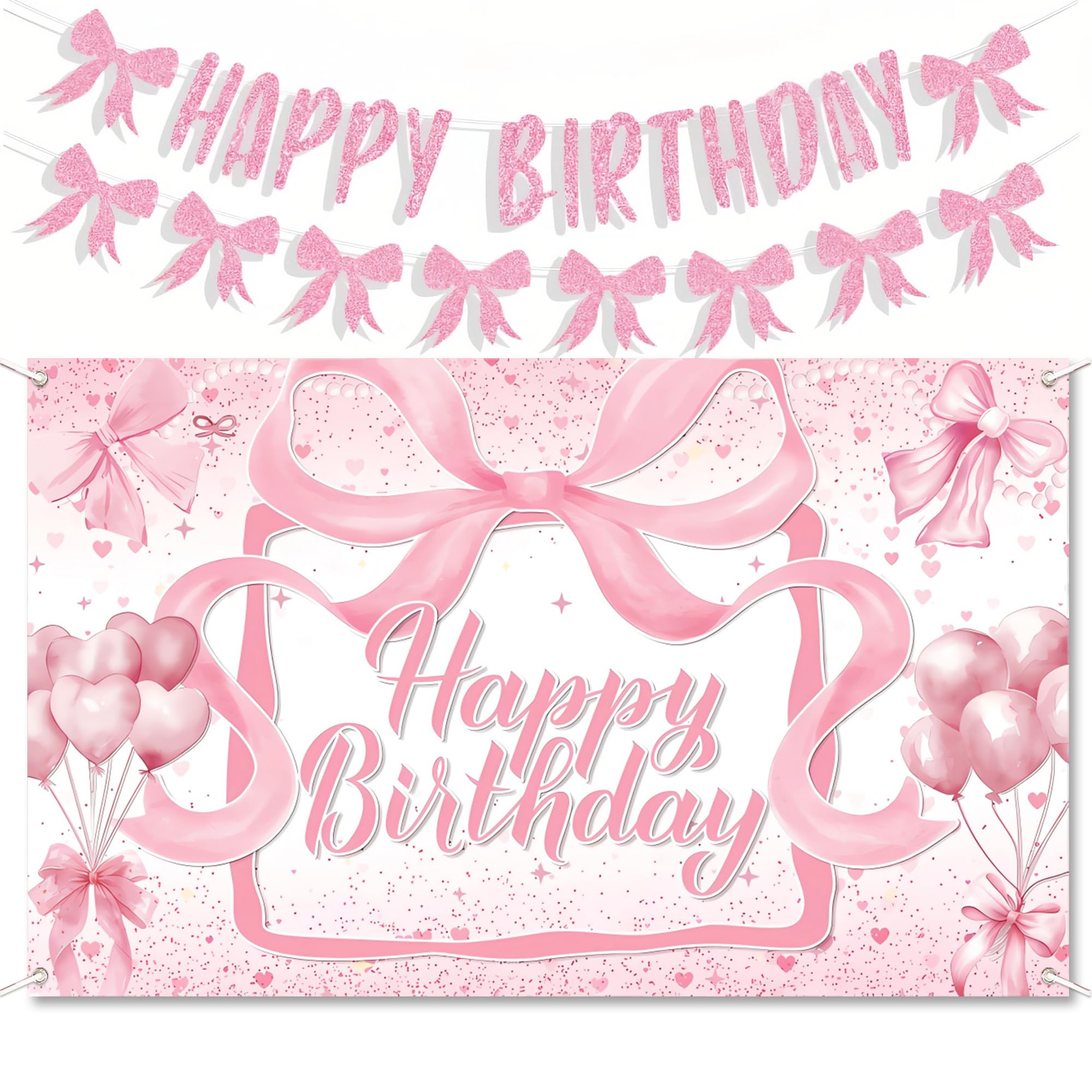 Pink Bow Happy Birthday Backdrop, Pink Bow Happy Birthday Banner, Large Fabric Photo Background Signs for Women Girls Bachelorette Party Decoration