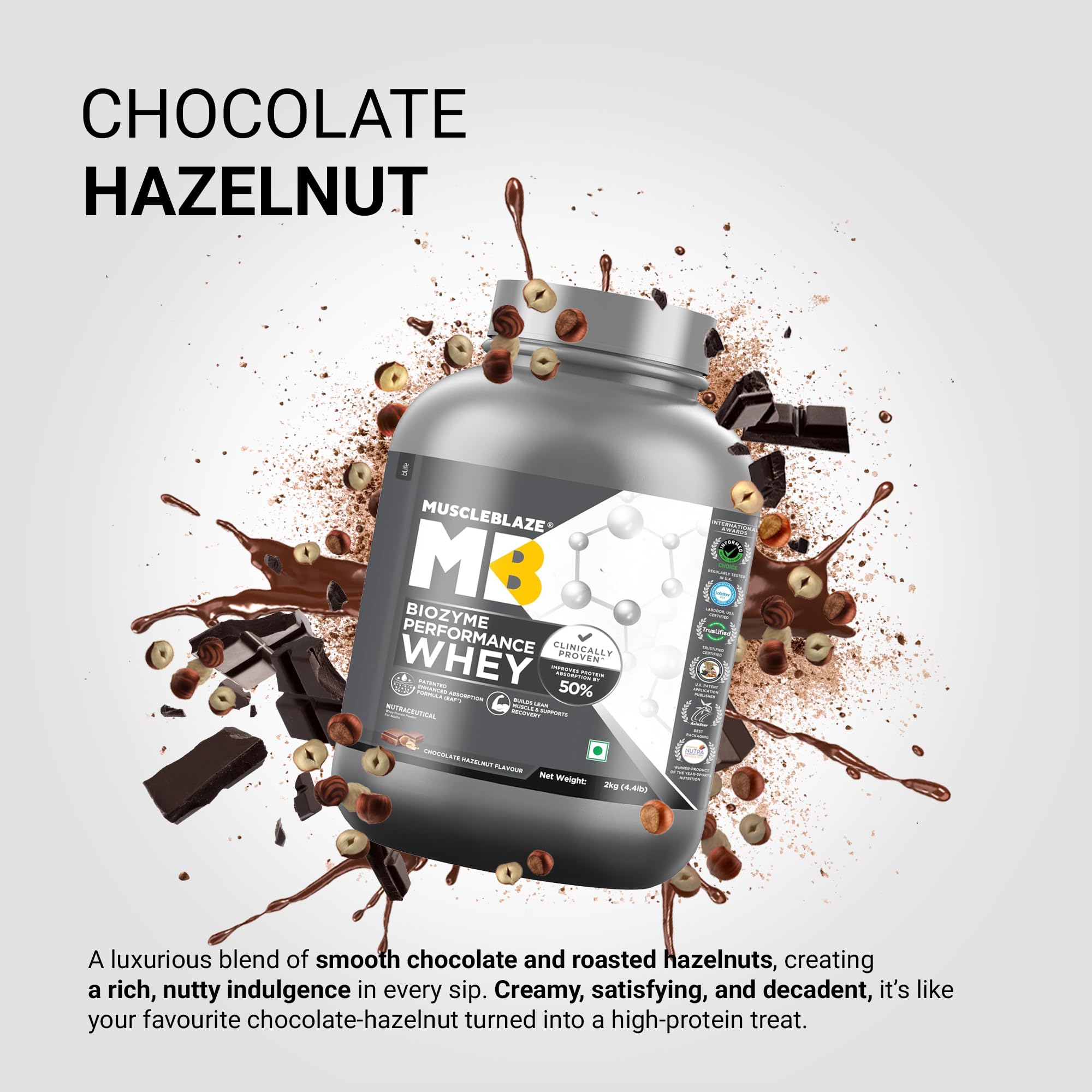 MuscleBlaze Biozyme Performance Whey Protein Powder, Chocolate Hazelnut (2kg / 4.4lbs) | 25g Protein Per Scoop | Clinically Tested 50% Higher Protein Absorption Product Image 3
