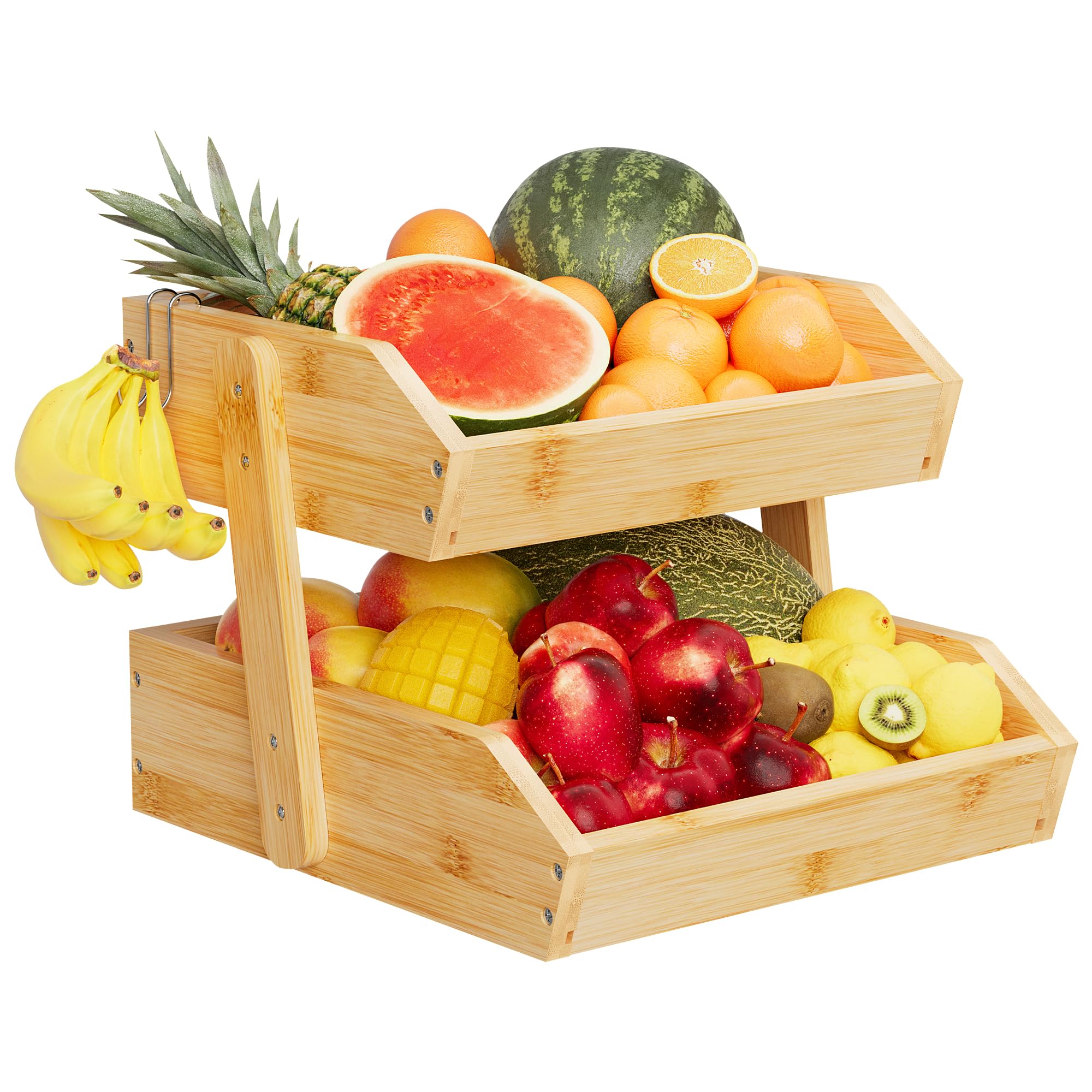 Bamboo 2 Tier Fruit Basket for Kitchen Counter, Large Capacity Fruit Storage Countertop, Fruit Holder, Wood Pantry Organizers and Storage, Kitchen Countertop Organizer With Two Banana Hangers (Bamboo)
