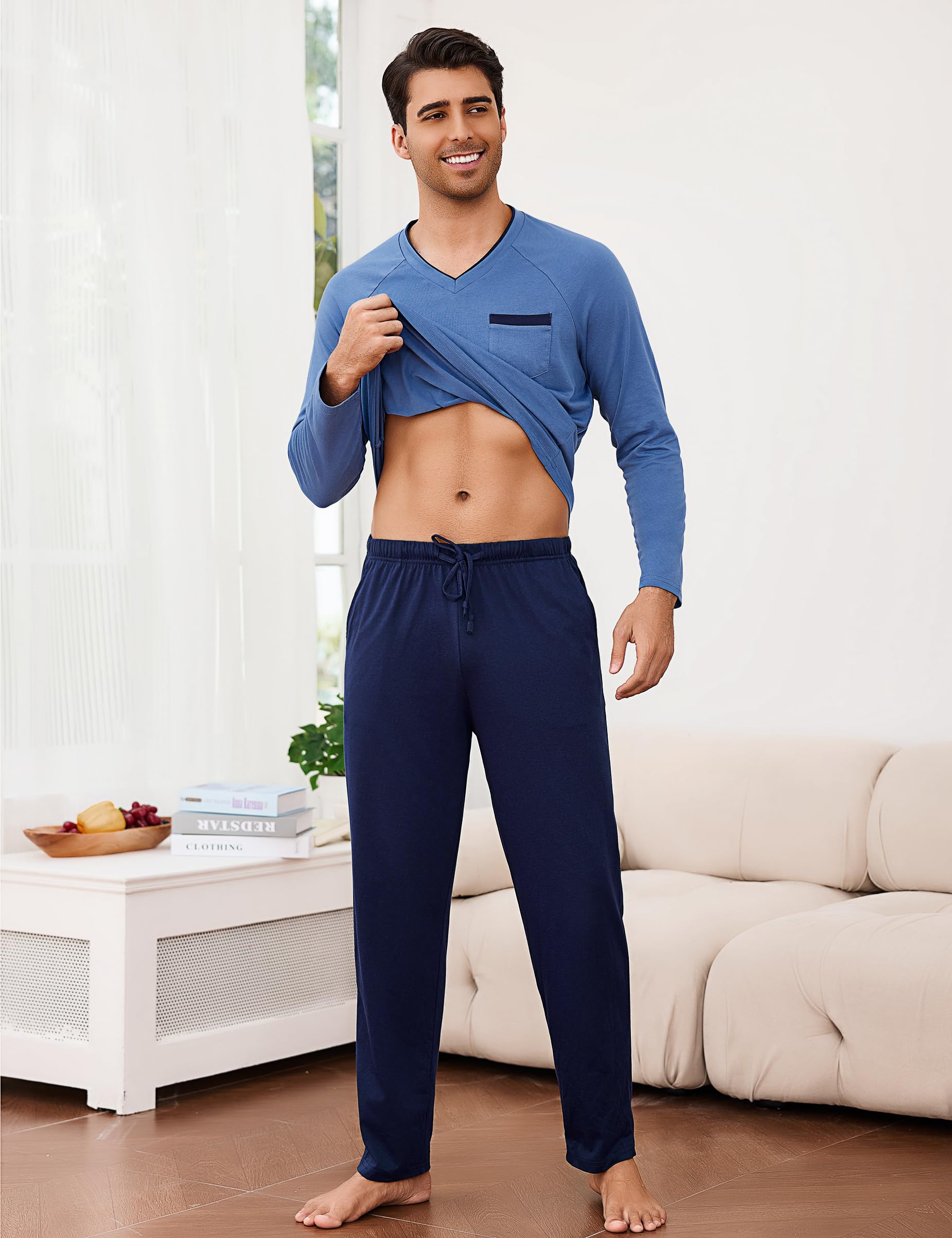 Bresdk Pijama Hombre Invierno Algodón Largo con Bolsillos Conjunto de Pijamas Hombre Manga Larga V-Cuello Suave y Transpirable S-3XL