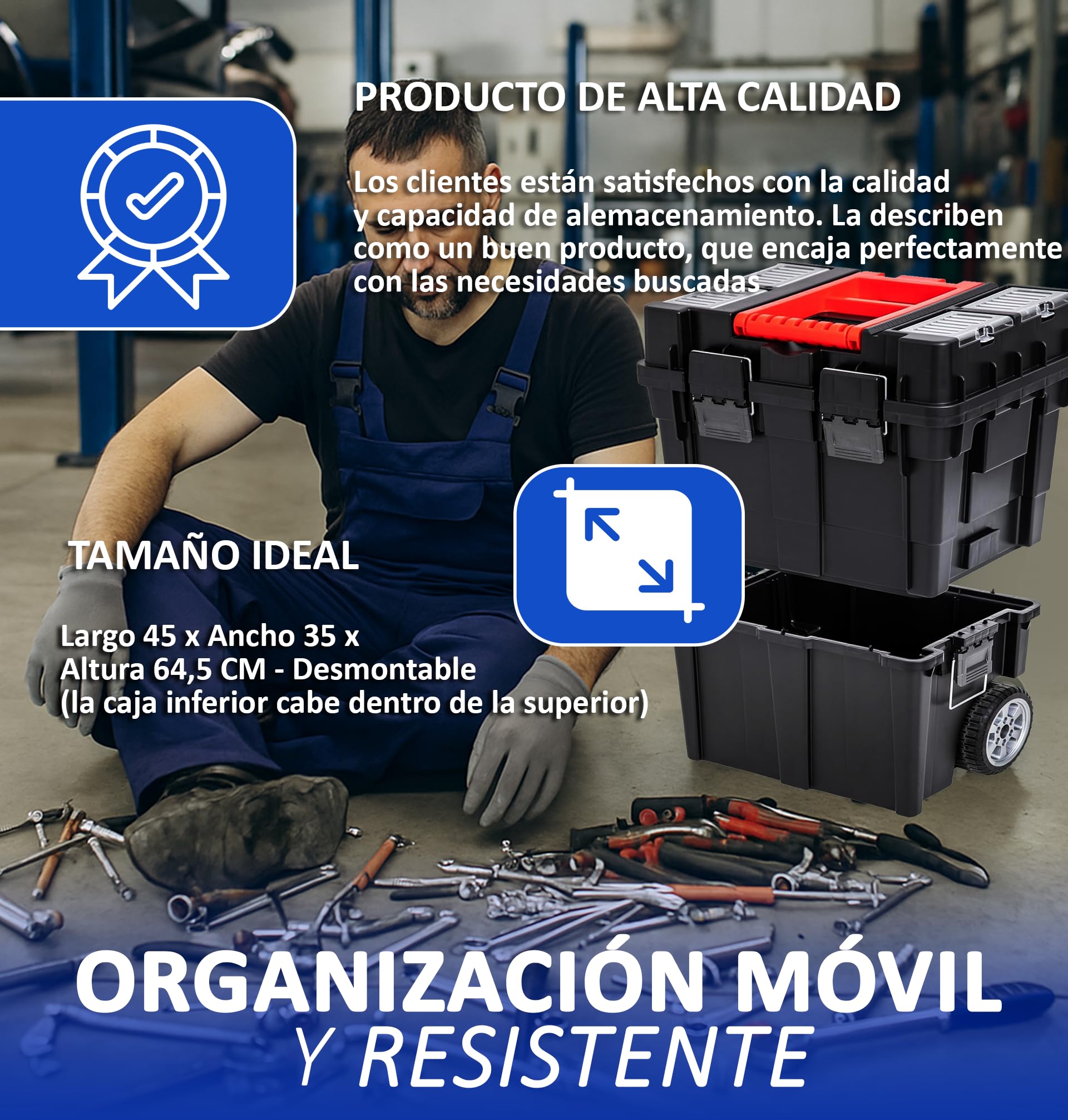 Caja Herramientas Vacía Con Ruedas | Cuatro Organizadores | Diseño Compacto Y Desmontable | Fabricada En Policarbonato | Resistente a Golpes Y Desgaste | Bandeja Incorporada | Medidas 64 x 35 x 45 cm