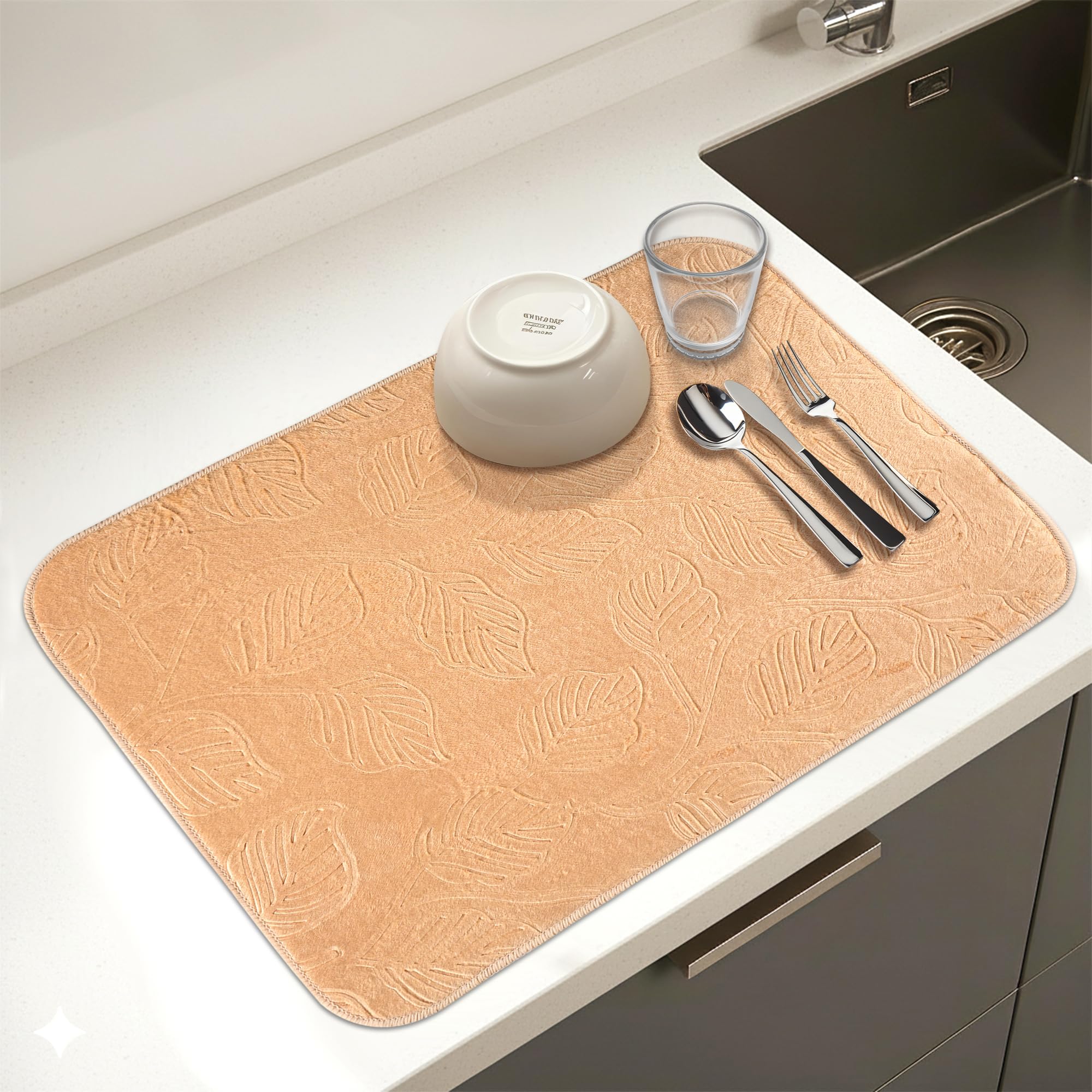 Kuber Industries 38x50 Cm Microfiber Dish Drying Mat | Water Absorbent Kitchen Mat for Drying Utensils for Coffee Bar & Counter | Self Design - Golden