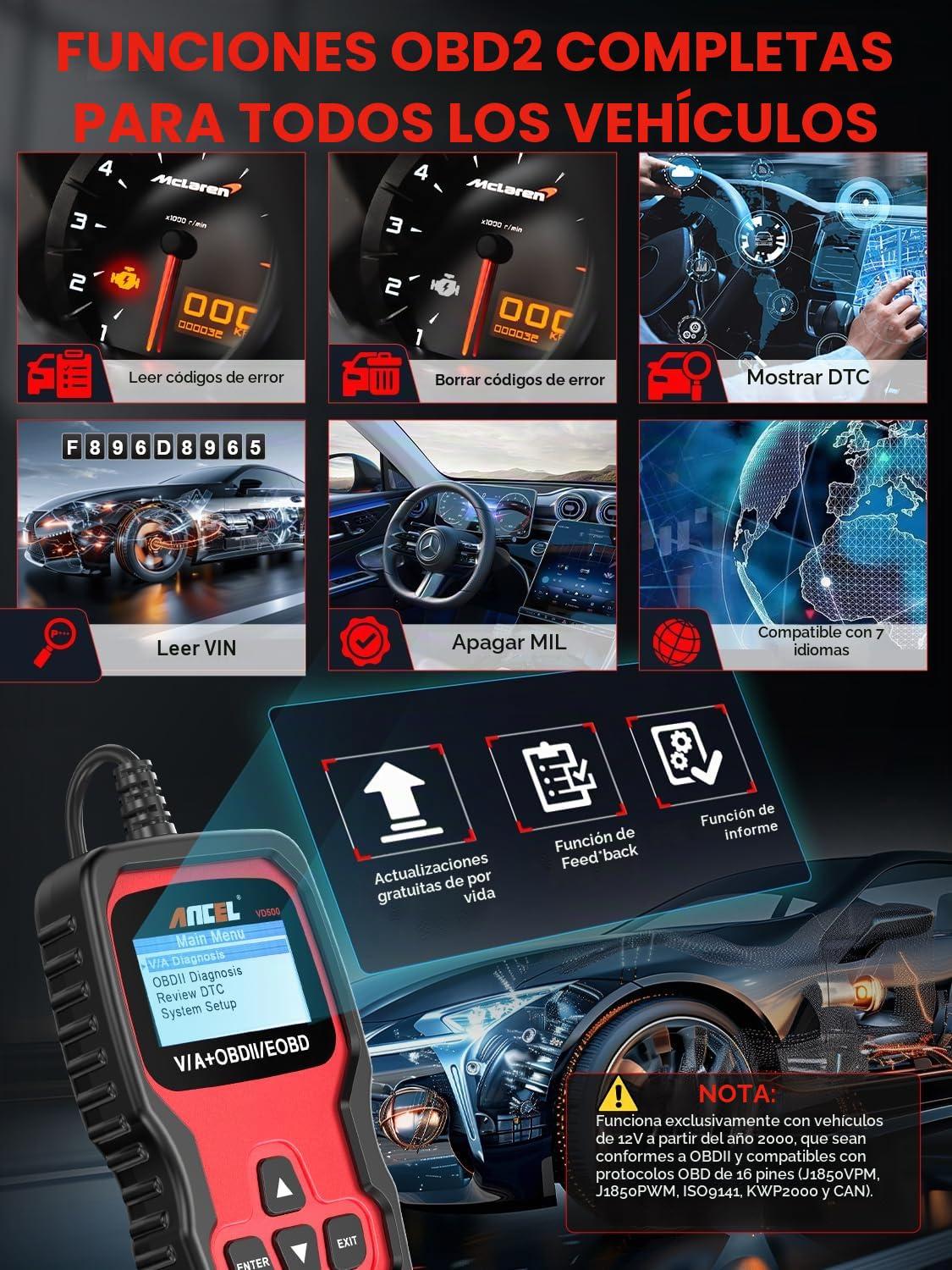 Herramienta de Diagnóstico de Coche Ancel Compatible con Vehículos Volkswagen VW Audi Skoda Seat, Escáner OBD2 con Adaptación del Acelerador, Servicio de Aceite, EPB, Reinicio de Pastillas de Freno