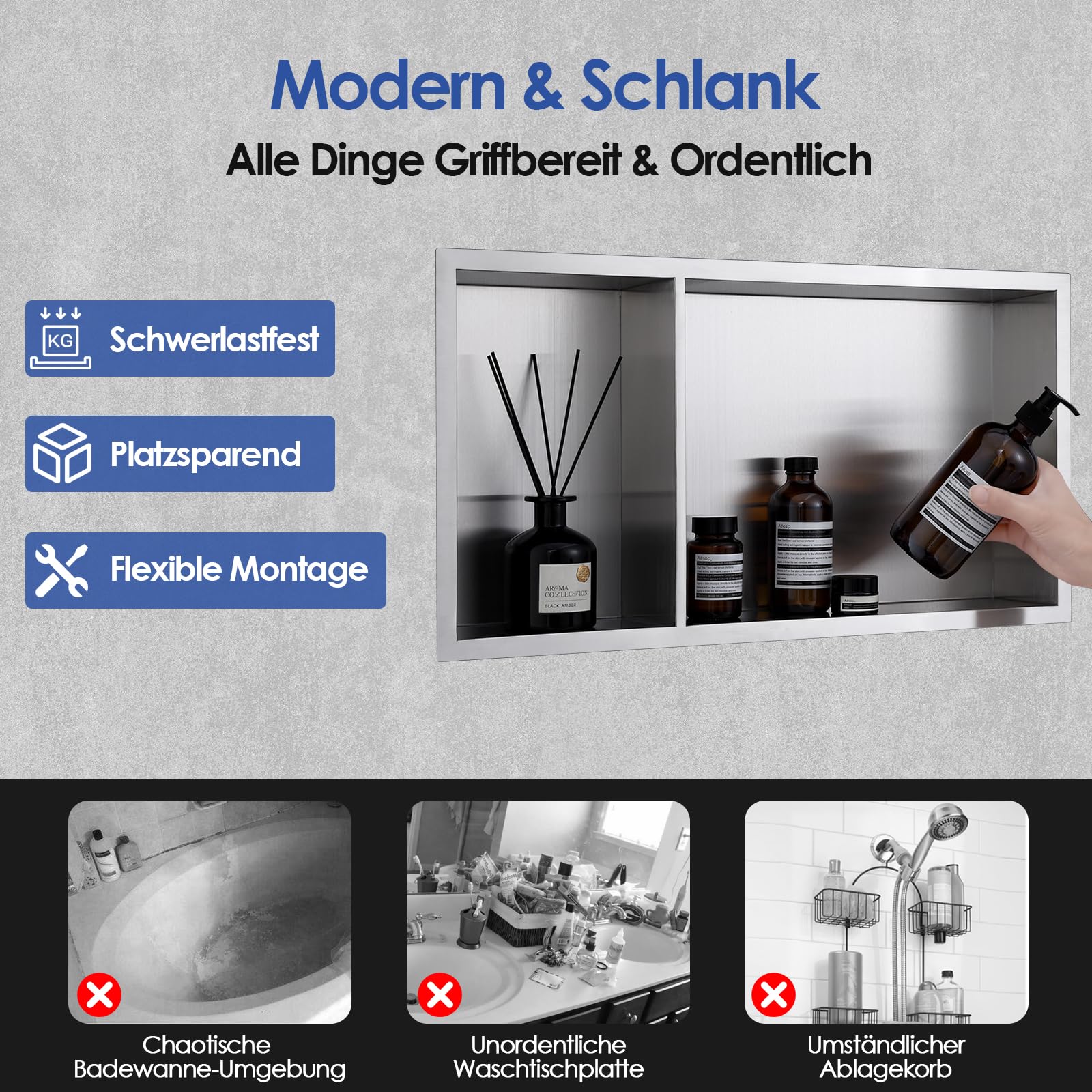 ROVOGO 60x30x10 cm Zweistufige Wandnische Dusche mit 2:1-Abteilverhältnis, Eingebettete Doppel-Duschnische Lagerung für Bad, Edelstahl 304 Einbaunische Übermontage, Einbauregal & Wandregal, Gebürstet