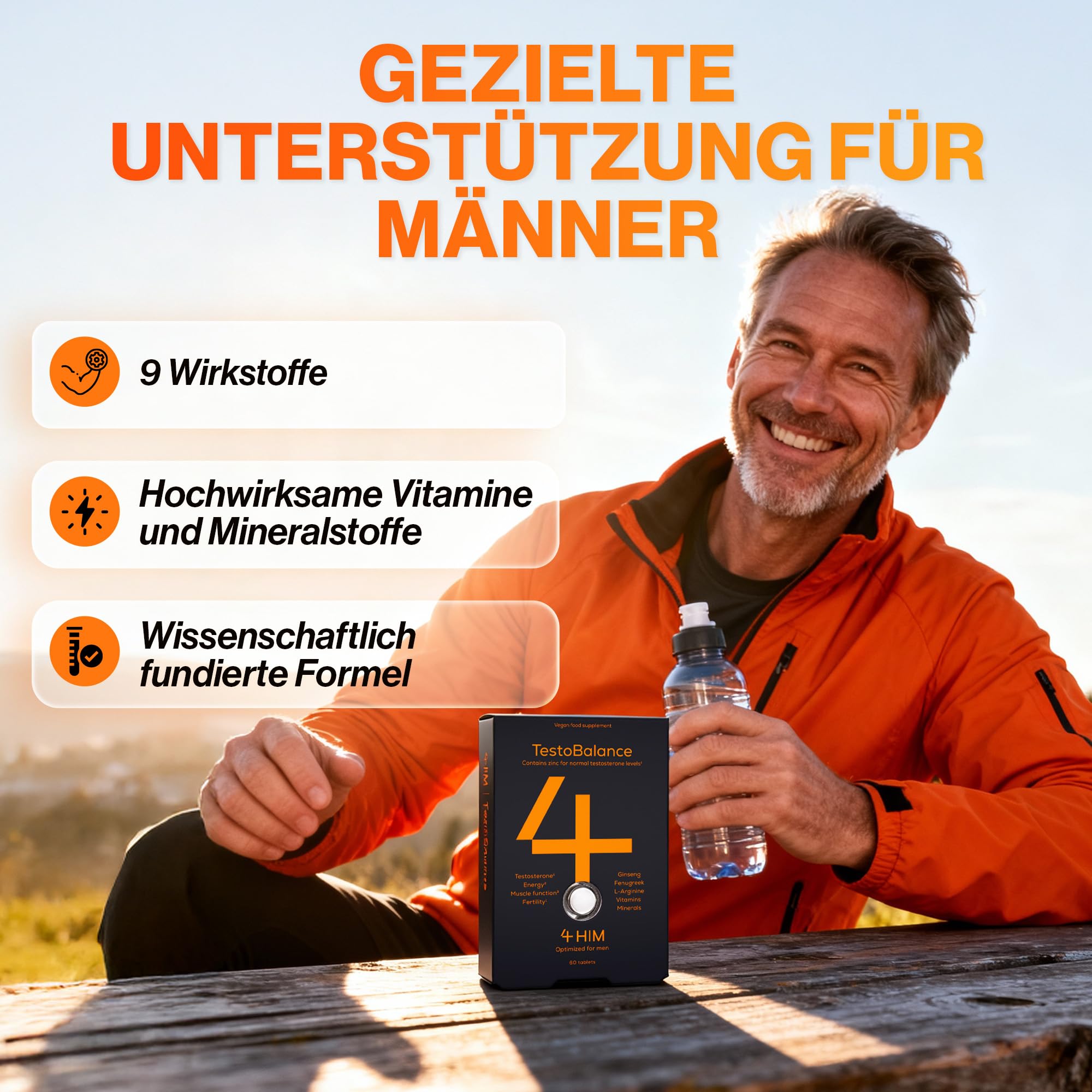 4 HIM TestoBalance Hochdosiert für Männer – ZMA, Ginseng & Bockshornklee – Zink für Testosteronspiegel – Magnesium, B6, L-Arginin & Selen – 60 Vegane Tabletten – GMP-Zertifiziert