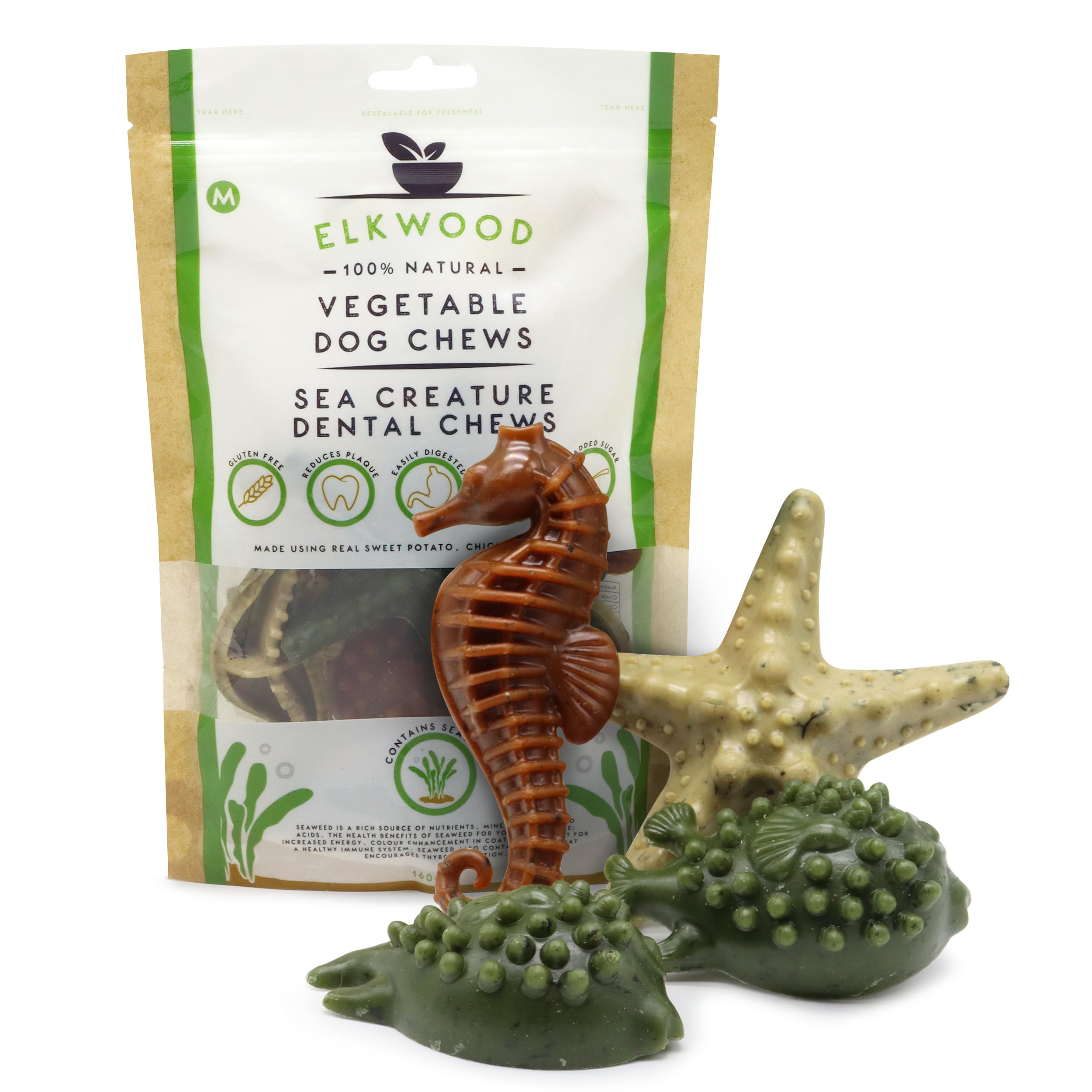 Elkwood 100% Natural Dog Dental Chew Treats (Medium, Sea Creature Shape) | Grain-Free, Low-Fat Sweet Potato Chews for Fresh Breath & Healthy Teeth | Hypoallergenic & Long-Lasting (160g 6PCS)