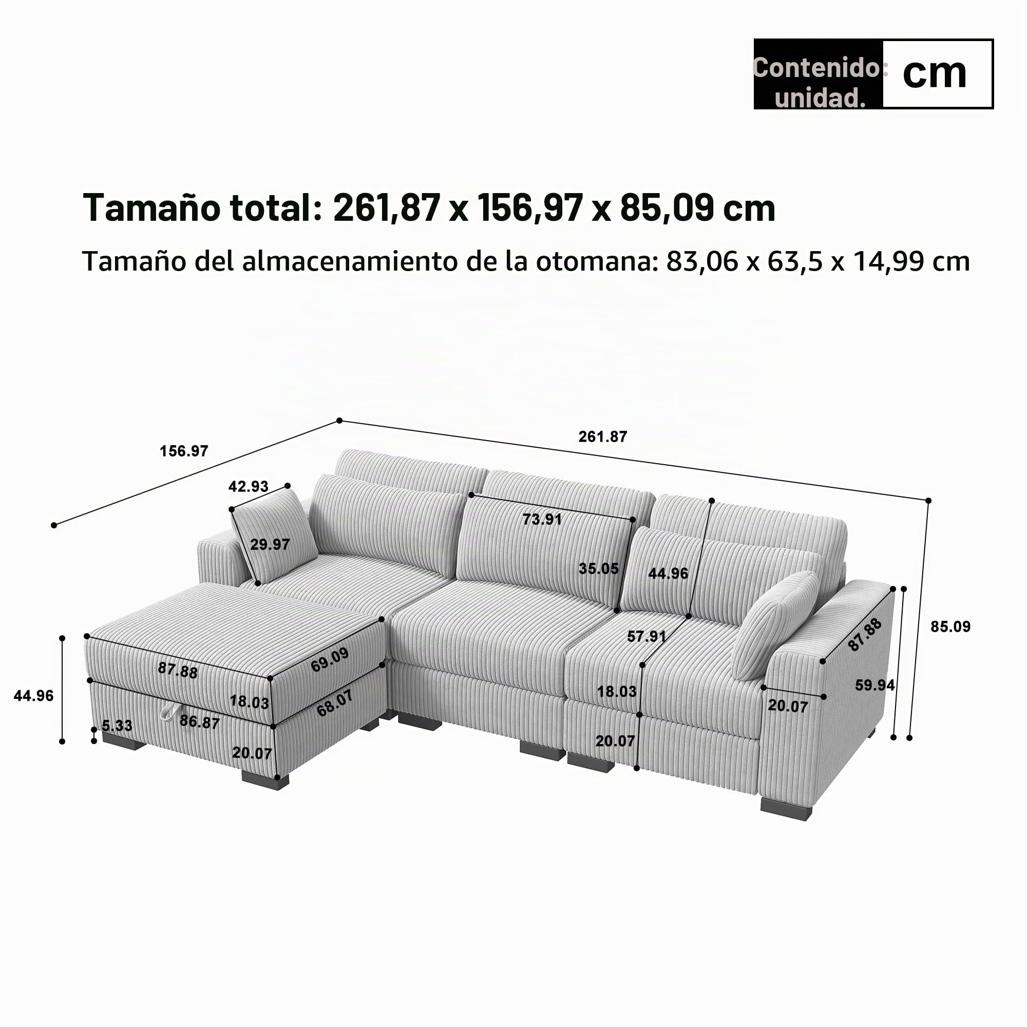 Sofa de 3 Plazas,Sofá Acolchado Sofas de Salon Cheslong Sofa Cama Chaise Longue Sofá Modular Suelo Sofás en Forma de L de Pana con Cojín Y otomano (Gris, 3 plazas+1 reposapiés)