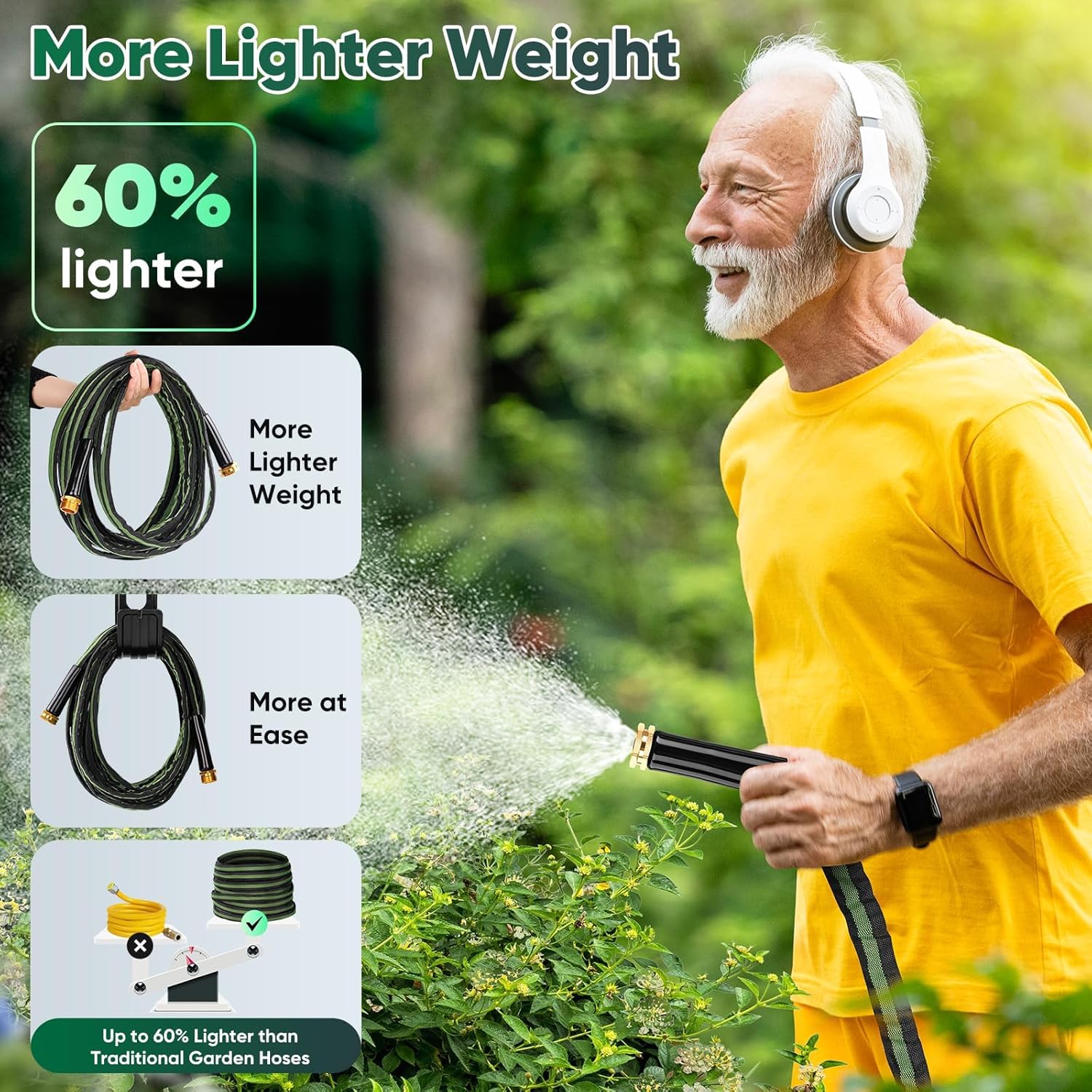 Garden Hose 50ft, Non-Expanding Water Hose, Flexible Ultra-Light, Anti-Kink, Wear-Resistant, Portable, Easy Storage, Hose with 3/4 for Outdoor, Garden, Yard and Lawn, Black Green