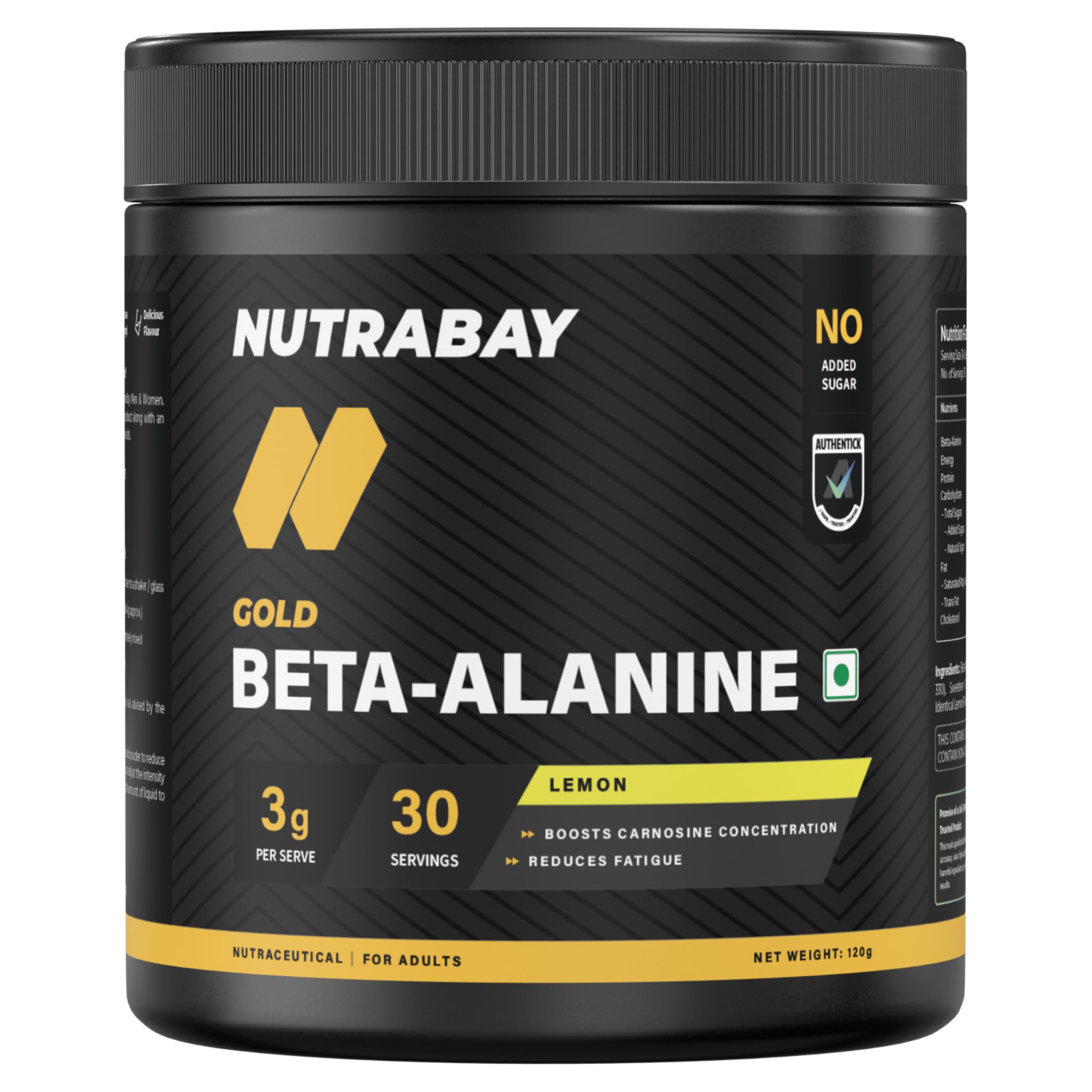 Nutrabay Gold Beta Alanine Supplement Powder 120g, Lemon Flavor β Pre Workout Amino Acid for Endurance & Fatigue Reduction