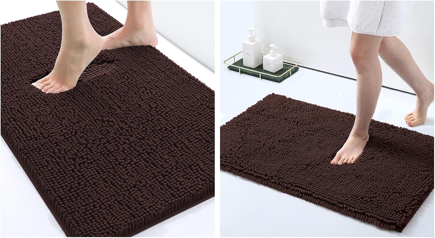Smiry Luxury Chenille Bath Rug Set, 2 Piece Extra Soft and Absorbent Shaggy Bathroom Mat Rugs, Machine Washable, Non-Slip Plush Carpet Runner for Tub, Shower, and Bath Room(24''x16''+30"x20",Brown)