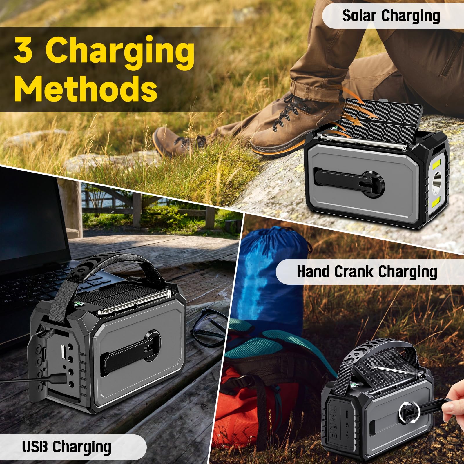 Radio a manovella di emergenza 16000 mAh AM/FM con torcia LED, radio solare, radio meteorologica portatile, caricatore di emergenza per famiglia, campeggio all'aperto