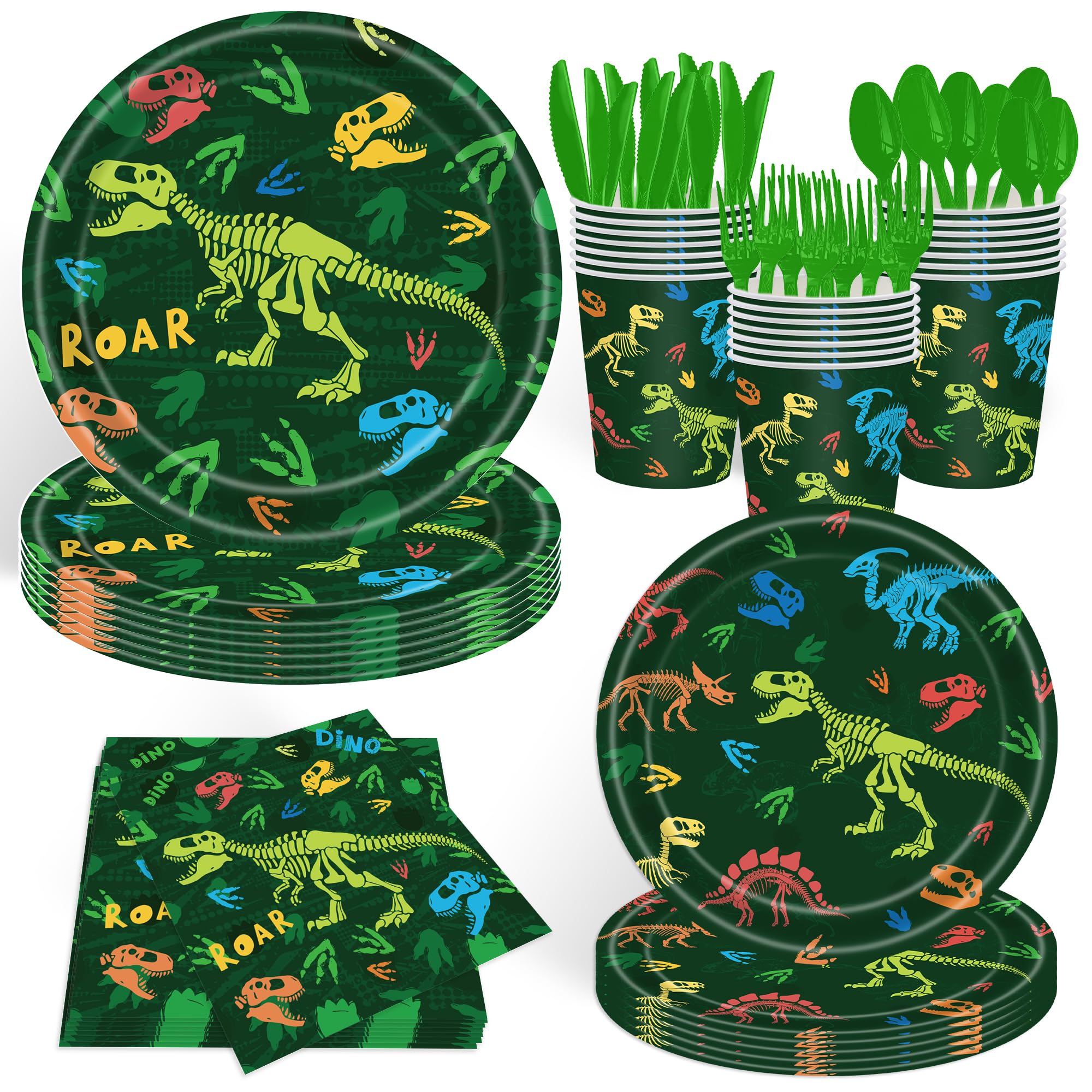 Gilyaoic 140pcs Dinosaur Birthday Party Supplies, Disposable Tableware Set with Plates, Cups, Napkins, and Cutlery Sets for Dinosaur Themes Party