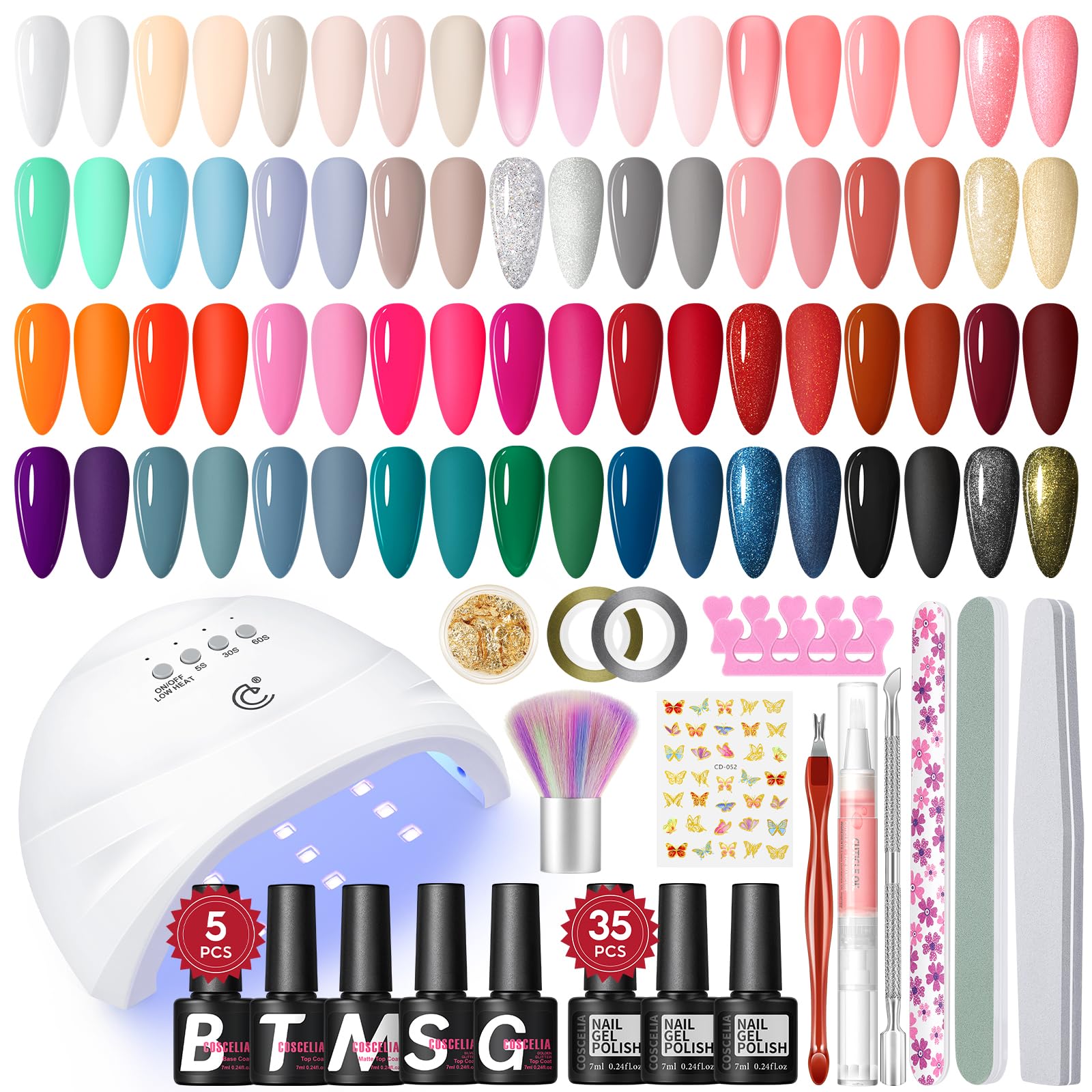53pcs Kit Uñas Semipermanentes COSCELIA, 35 Colores kit de uñas semipermanentes con U V/LED Lámpara, Blanco Negro, 1 Base Coat y 4 Top Coat, Decoraciones y Herramientas para Uñas