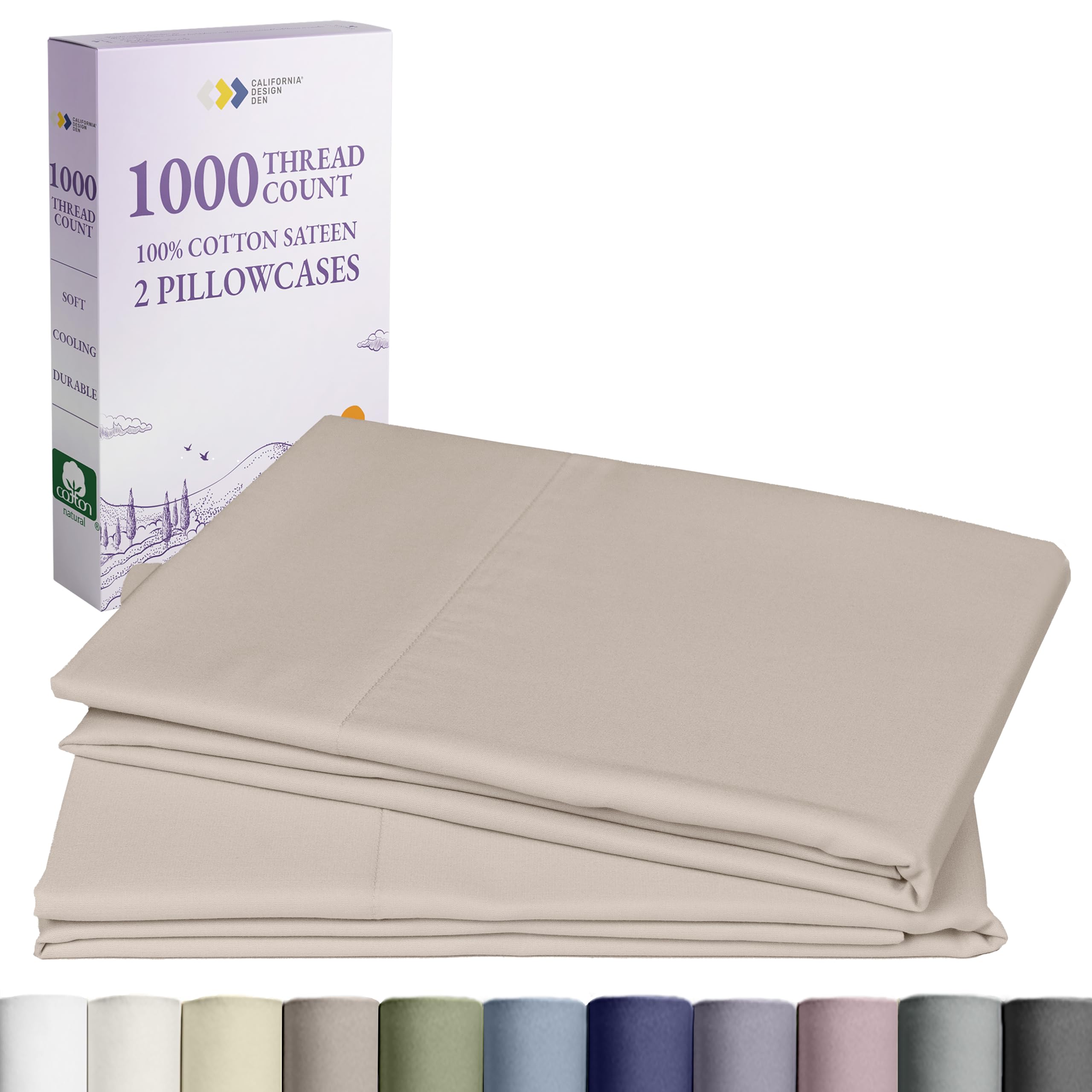 California Design Den Pillow Cases King Size Set of 2-1000 Thread Count Sateen, Soft and Thick 100% Cotton King Pillowcases, Durable - Beige (Sand Tone)