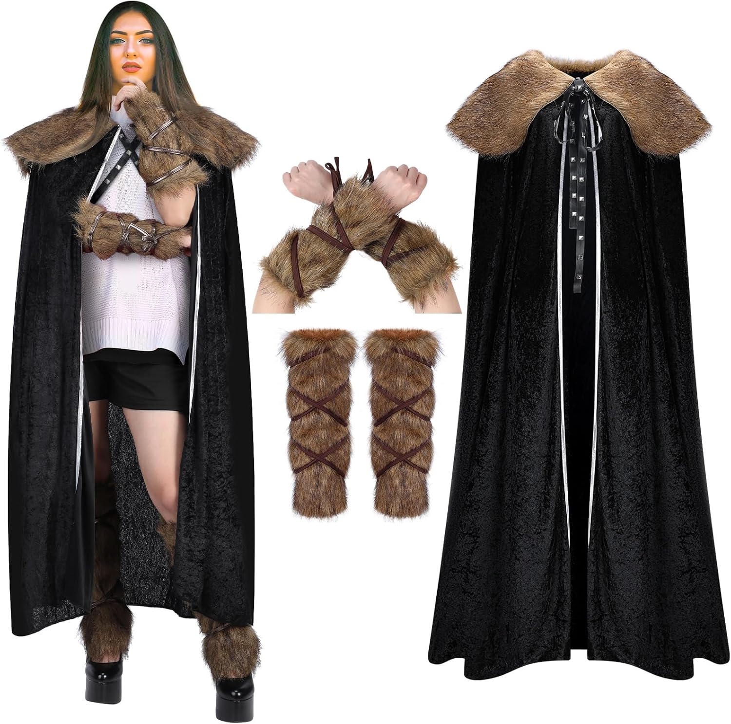 Suhine 3 Sets Halloween Viking Women Costume Include Cape with Fur Collar Faux Fur Arm Cuffs Faux Leg Warmers for Halloween Women Cosplay Party
